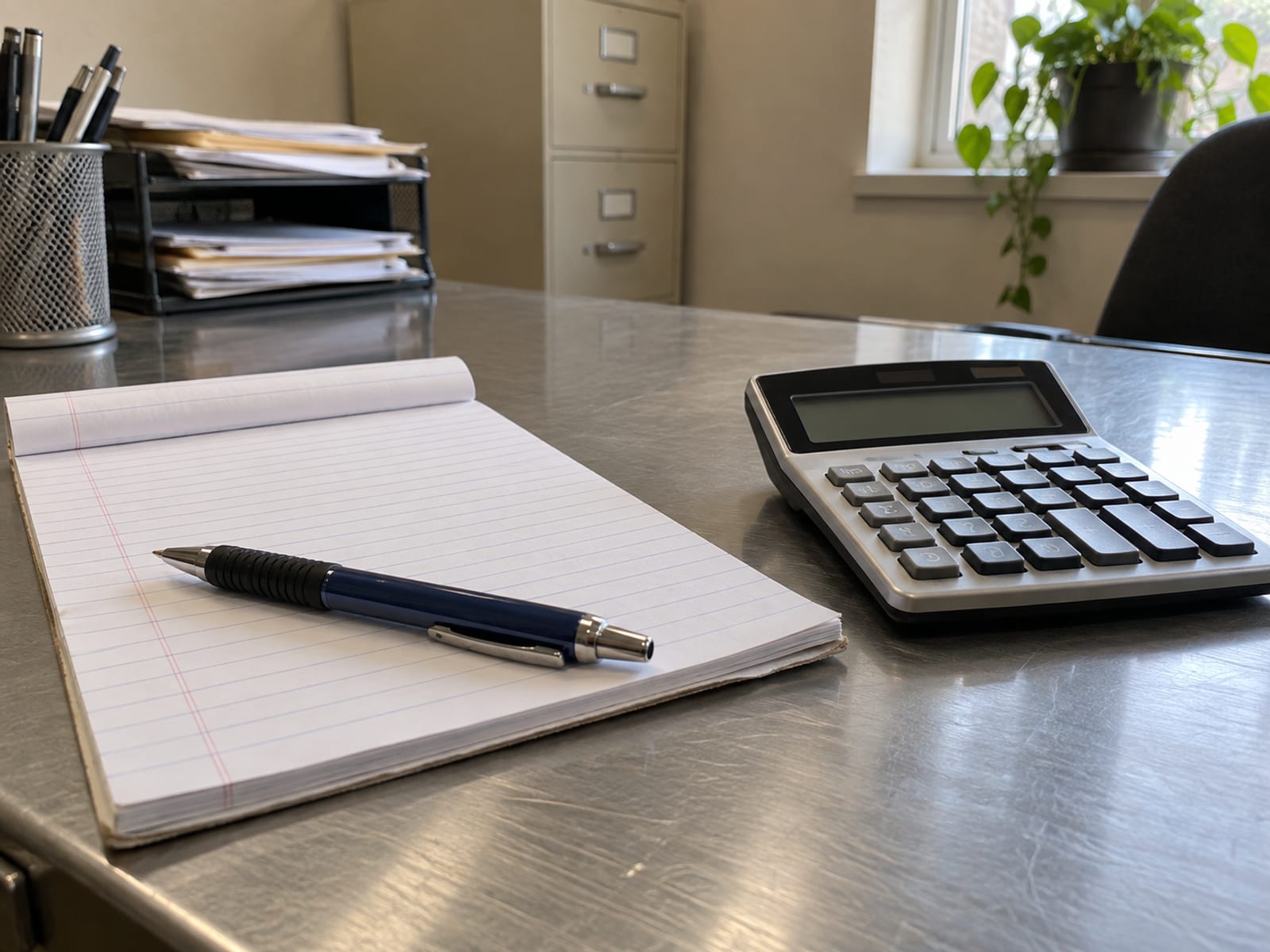A calculator, a pen and a blank notepad on a desk, set up to compare two costs