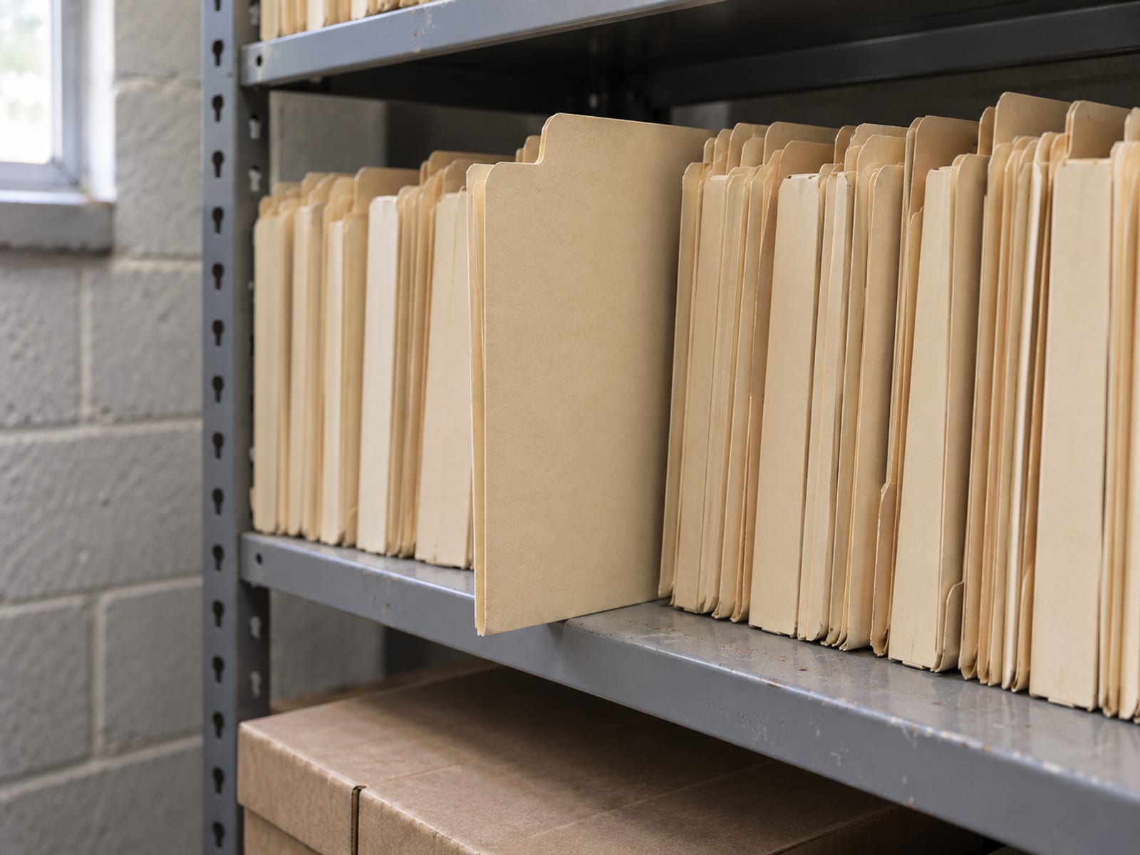 A row of plain manila folders on an office shelf with one folder pulled halfway out