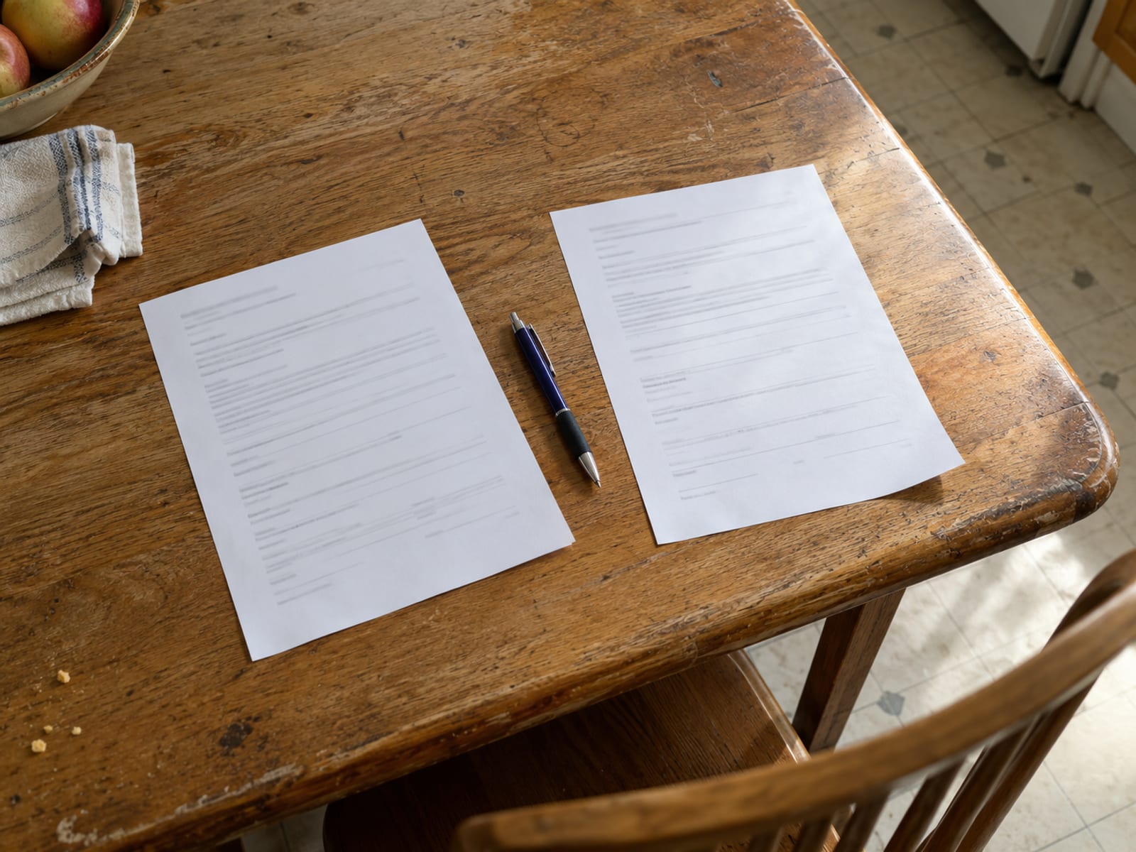 A renewal notice and a declarations page lying side by side on a kitchen table with a pen