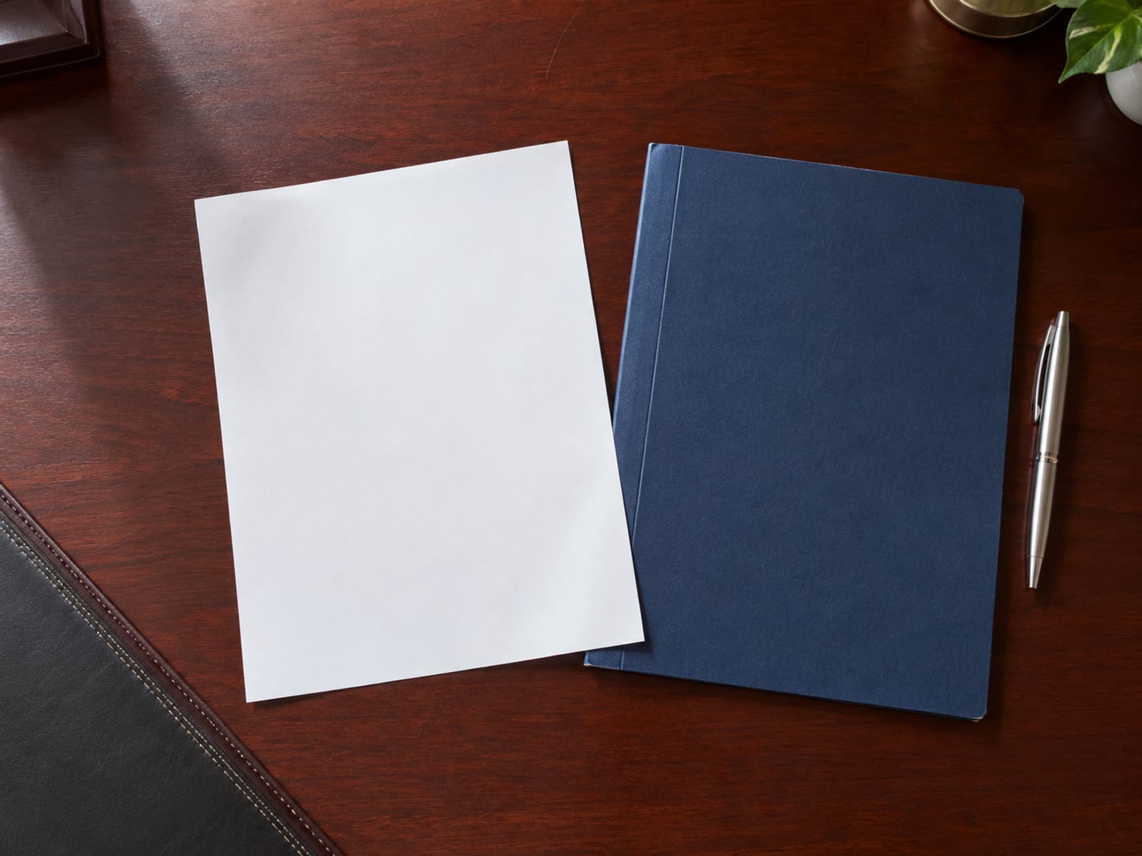A single sheet of blank paper and a closed folder on a wooden desk beside a pen