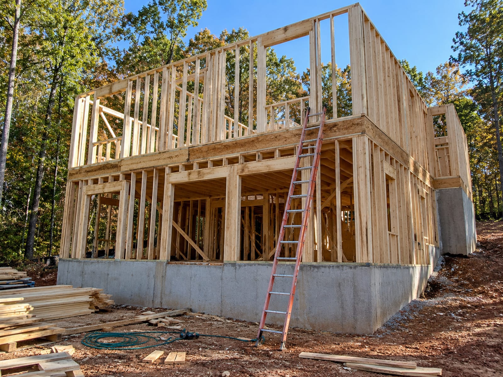 A partly built wooden house frame on a clear day with a ladder leaning against it