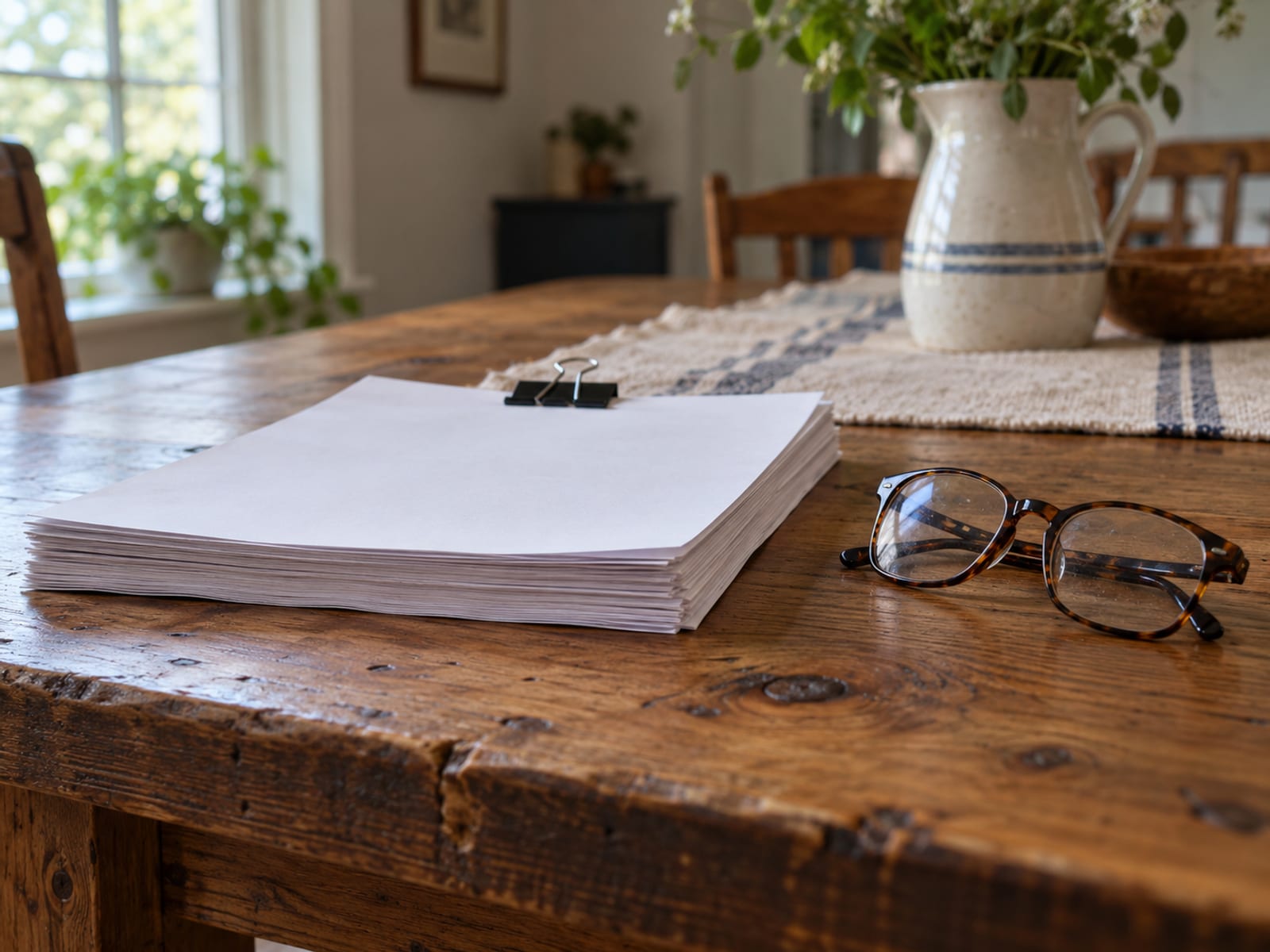 A stack of blank pages held with a binder clip next to reading glasses on a table