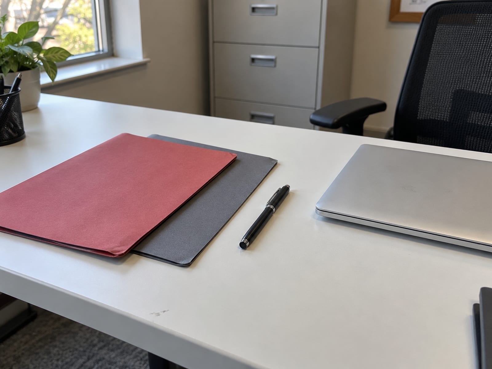 Two folders and a pen on a desk beside a closed laptop