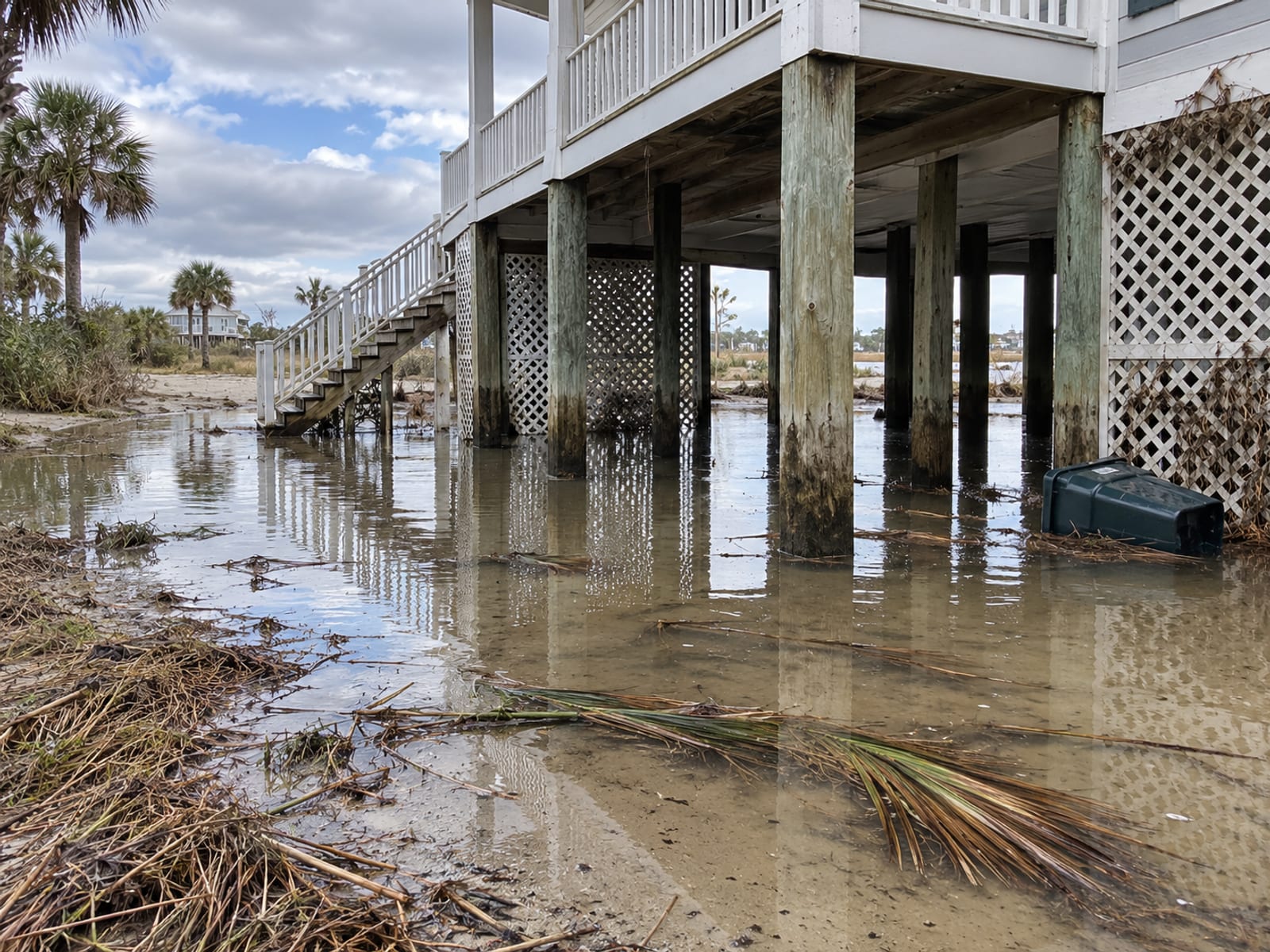 Floodwater standing in the yard of a raised house on pilings after a storm
