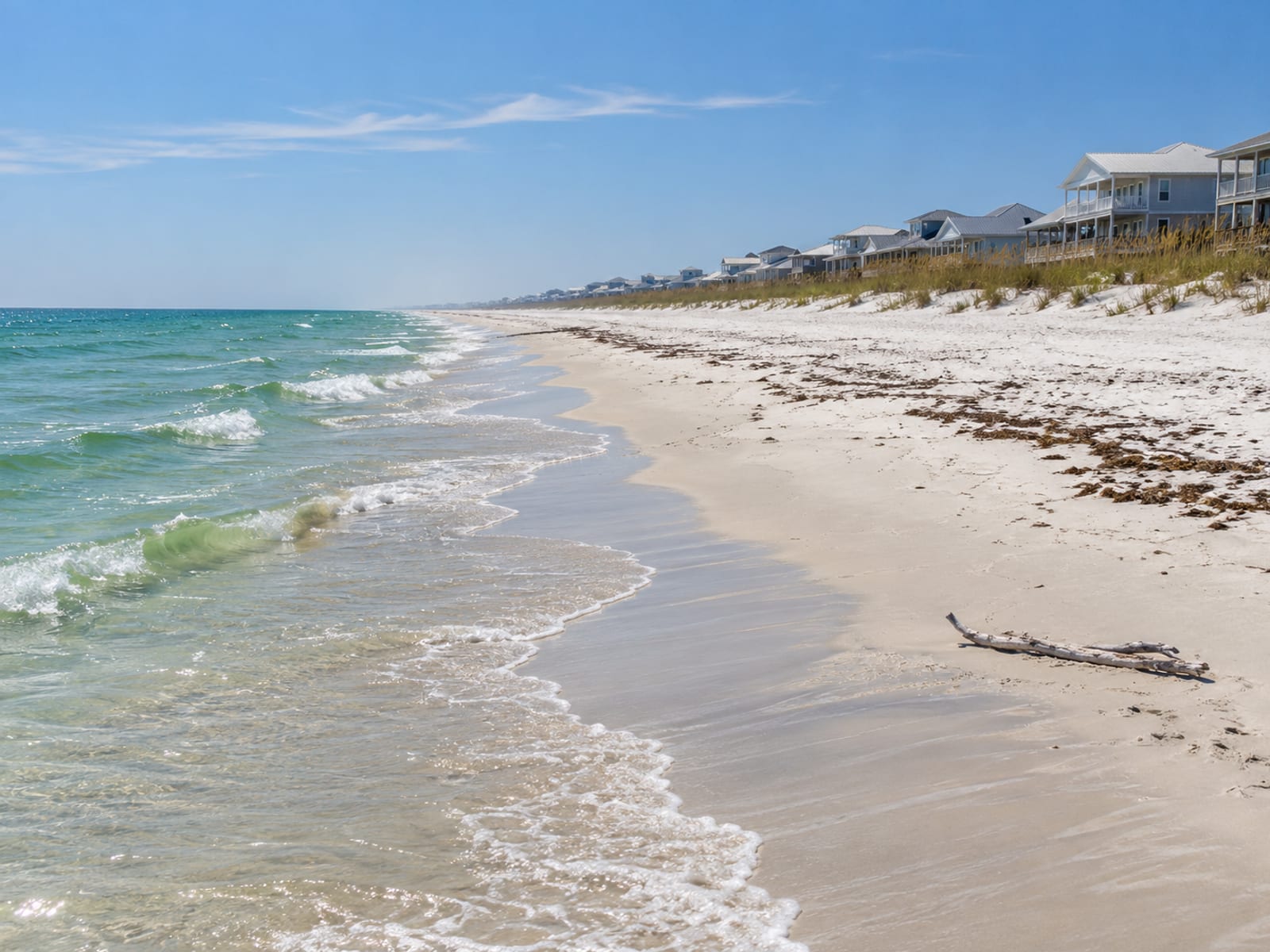 A long sandy beach with a line of houses along the dunes on the Alabama coast