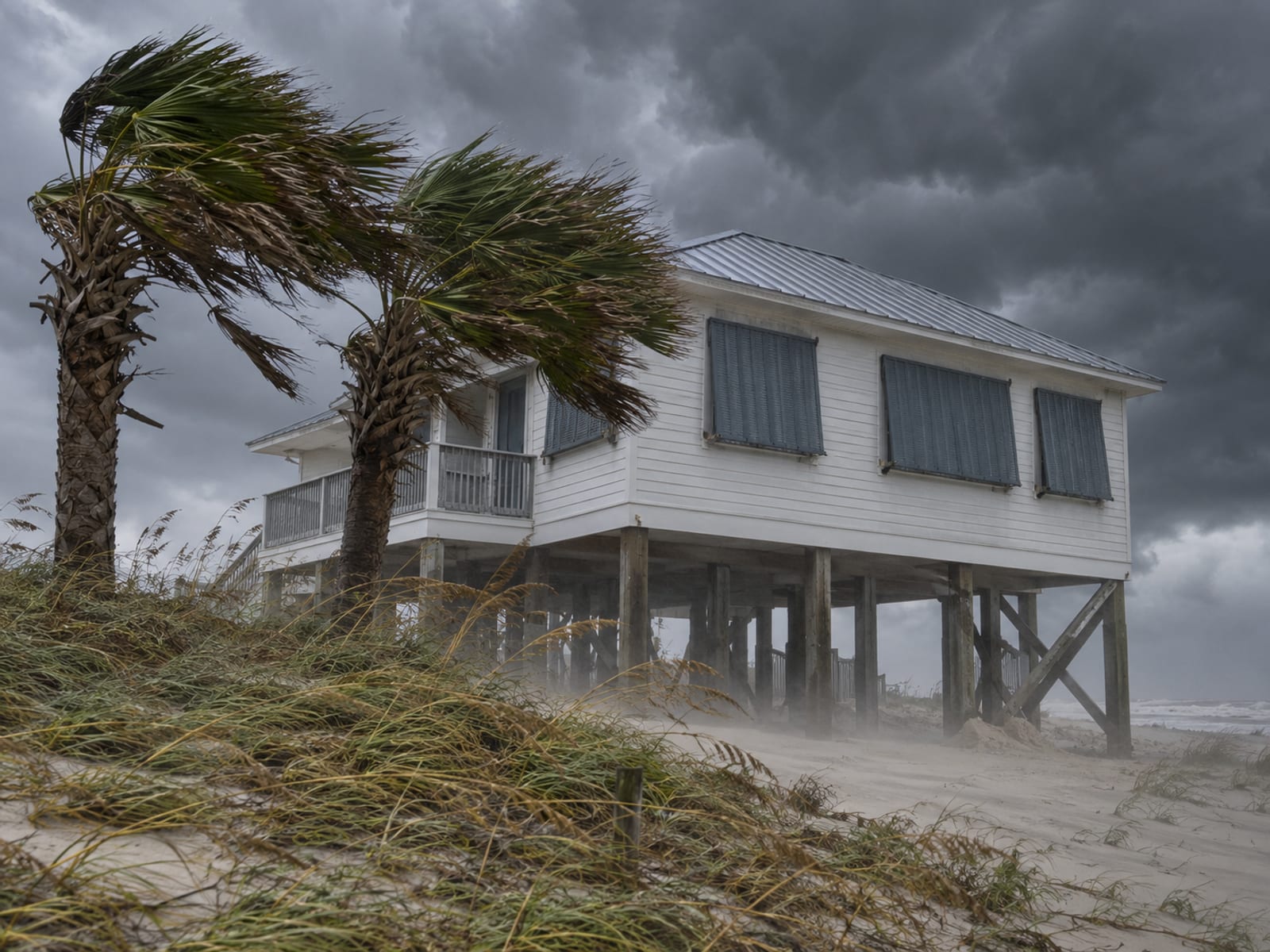 Palm trees and sea oats bending in strong wind beside a coastal house