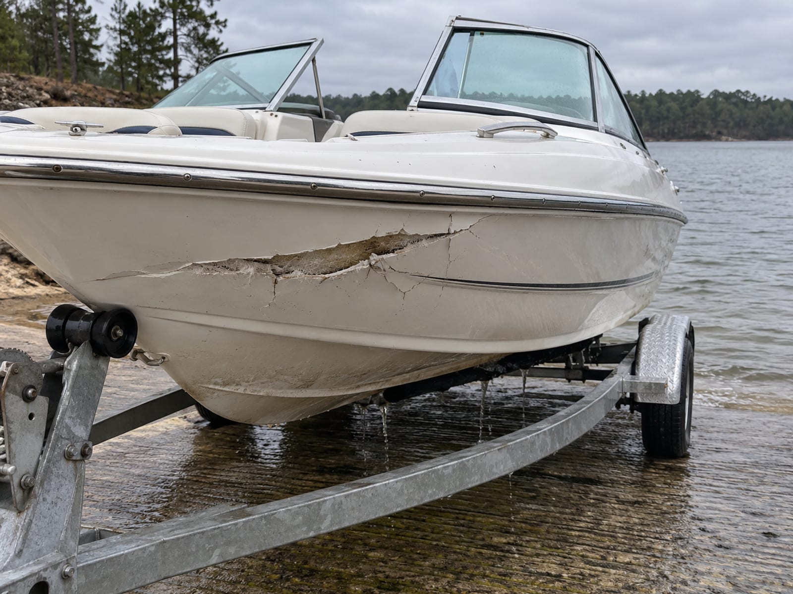 A fiberglass runabout with a damaged hull resting on a trailer at a boat ramp