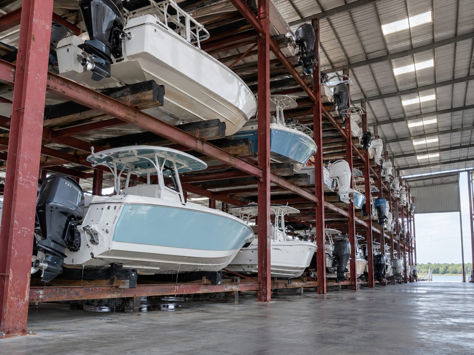 Several powerboats resting on racks in a covered dry-storage building