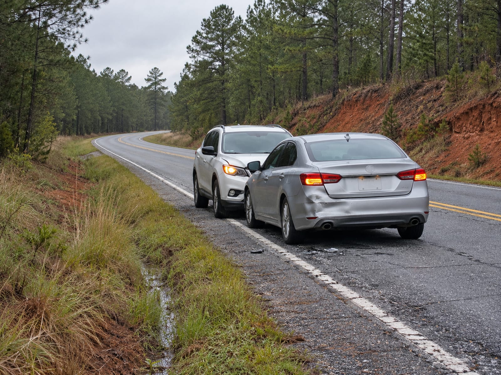 Two cars stopped on the shoulder of a rural Alabama highway after a minor collision, seen from a distance