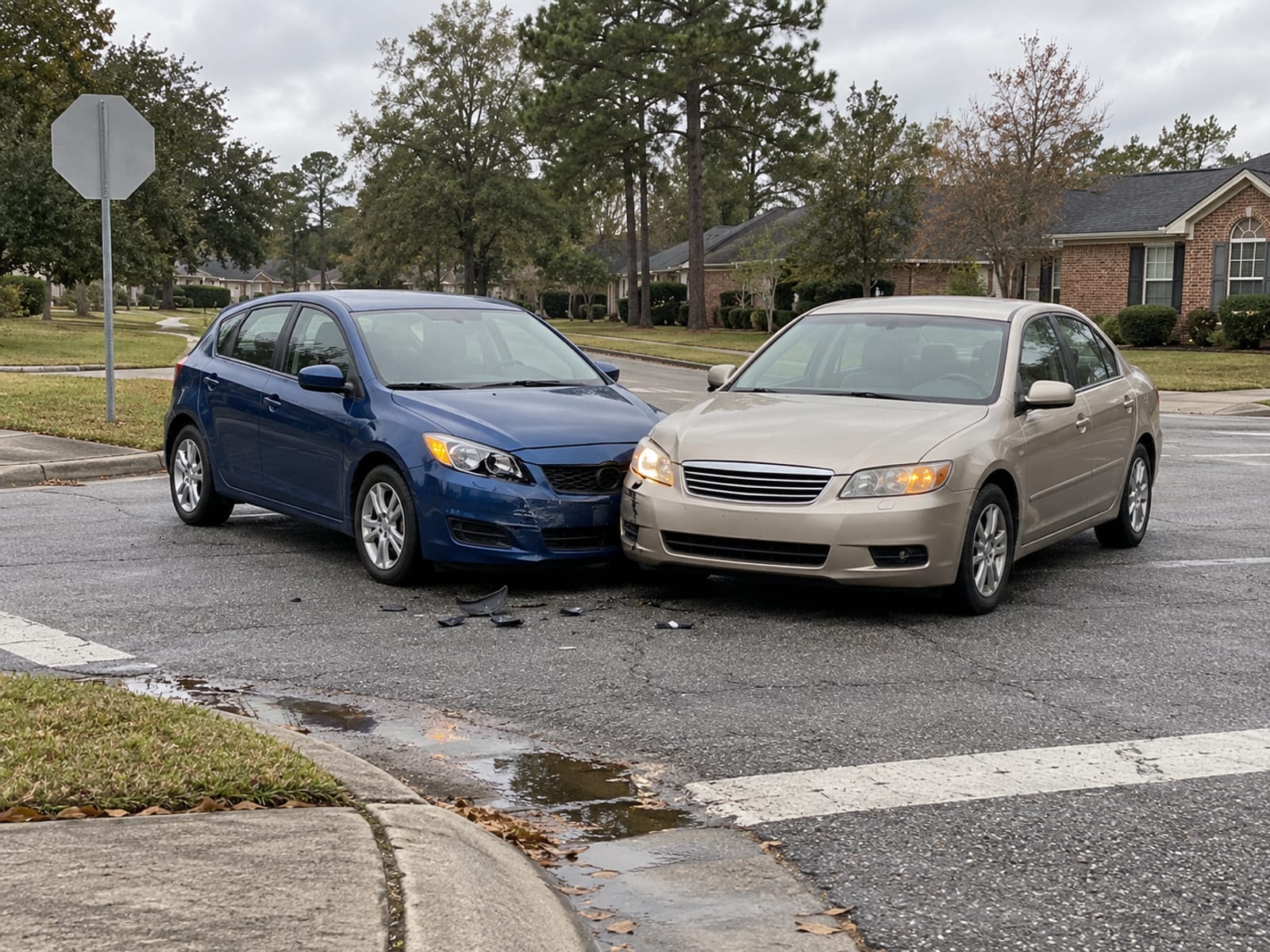 Two cars stopped at an intersection after a minor fender bender