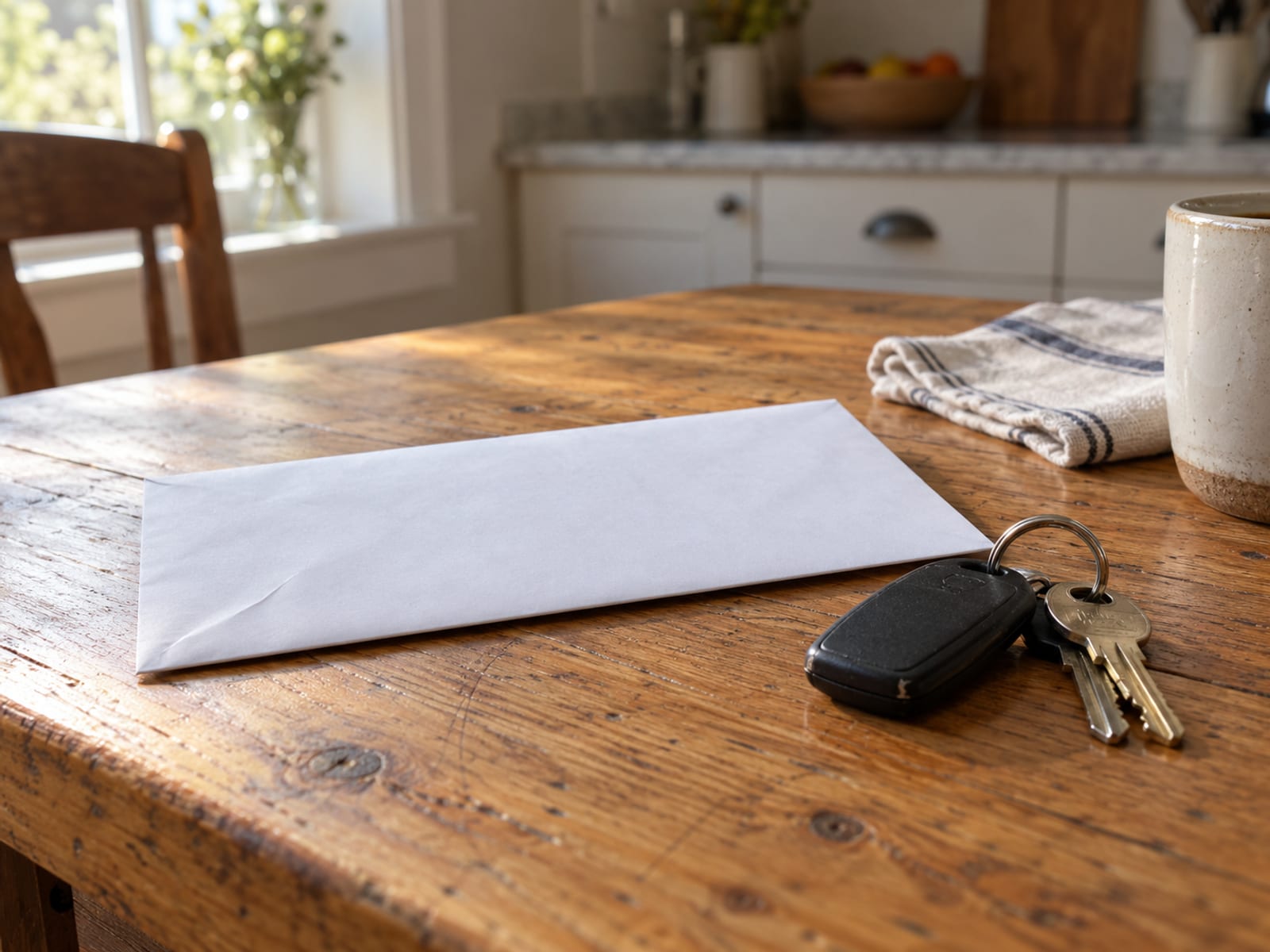 An unopened envelope and a set of car keys on a kitchen table