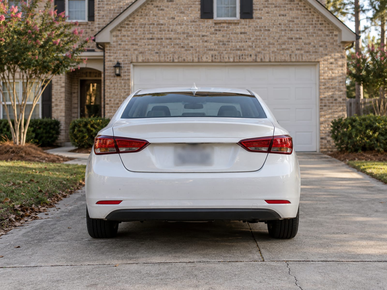 A parked car in a residential driveway with its rear license plate area blurred