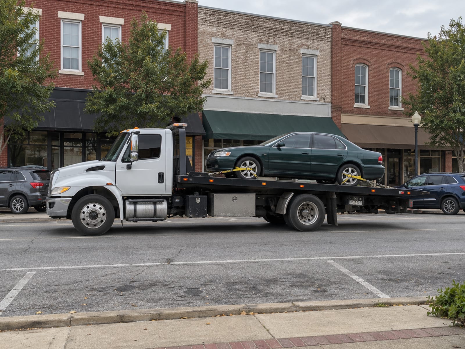 A flatbed tow truck carrying a sedan along a city street