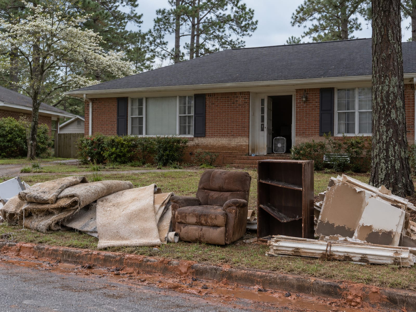 Wet carpet and damaged furniture piled at the curb outside a home after a flood