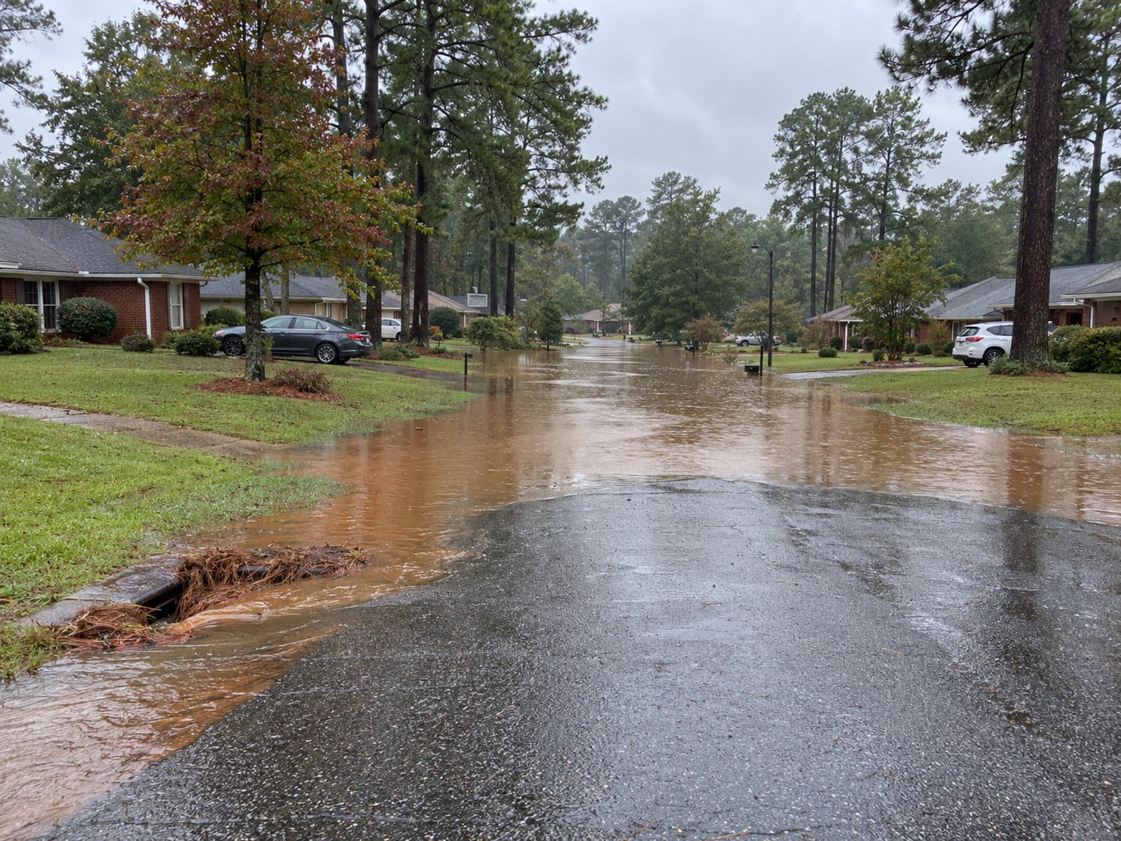 A low-lying residential street with standing water around the curbs after heavy rain