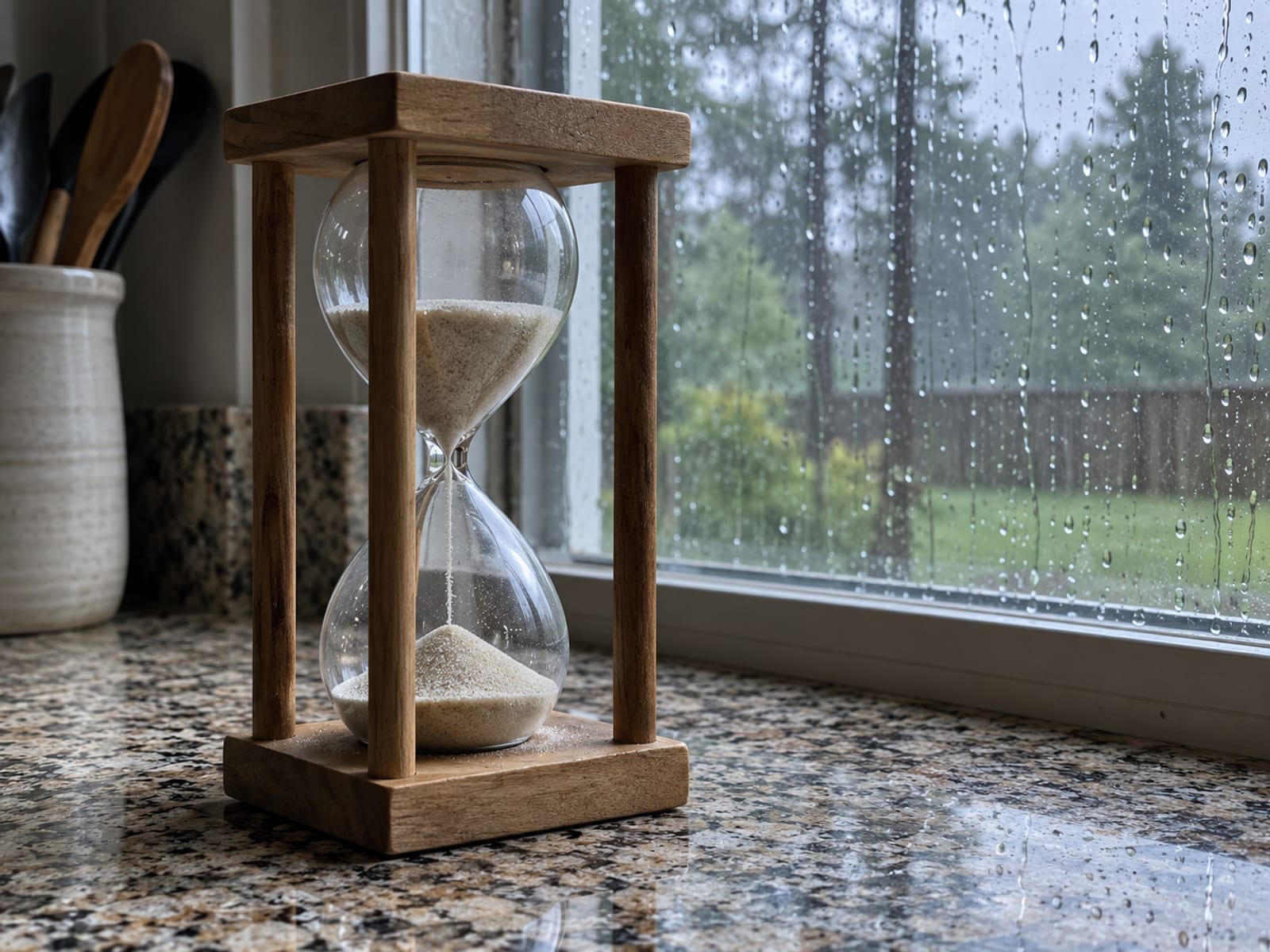 An hourglass on a kitchen counter beside a rain-streaked window