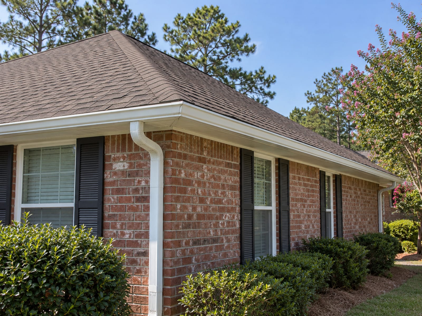 A finished new shingle roof on a single-story house with clean edges and gutters