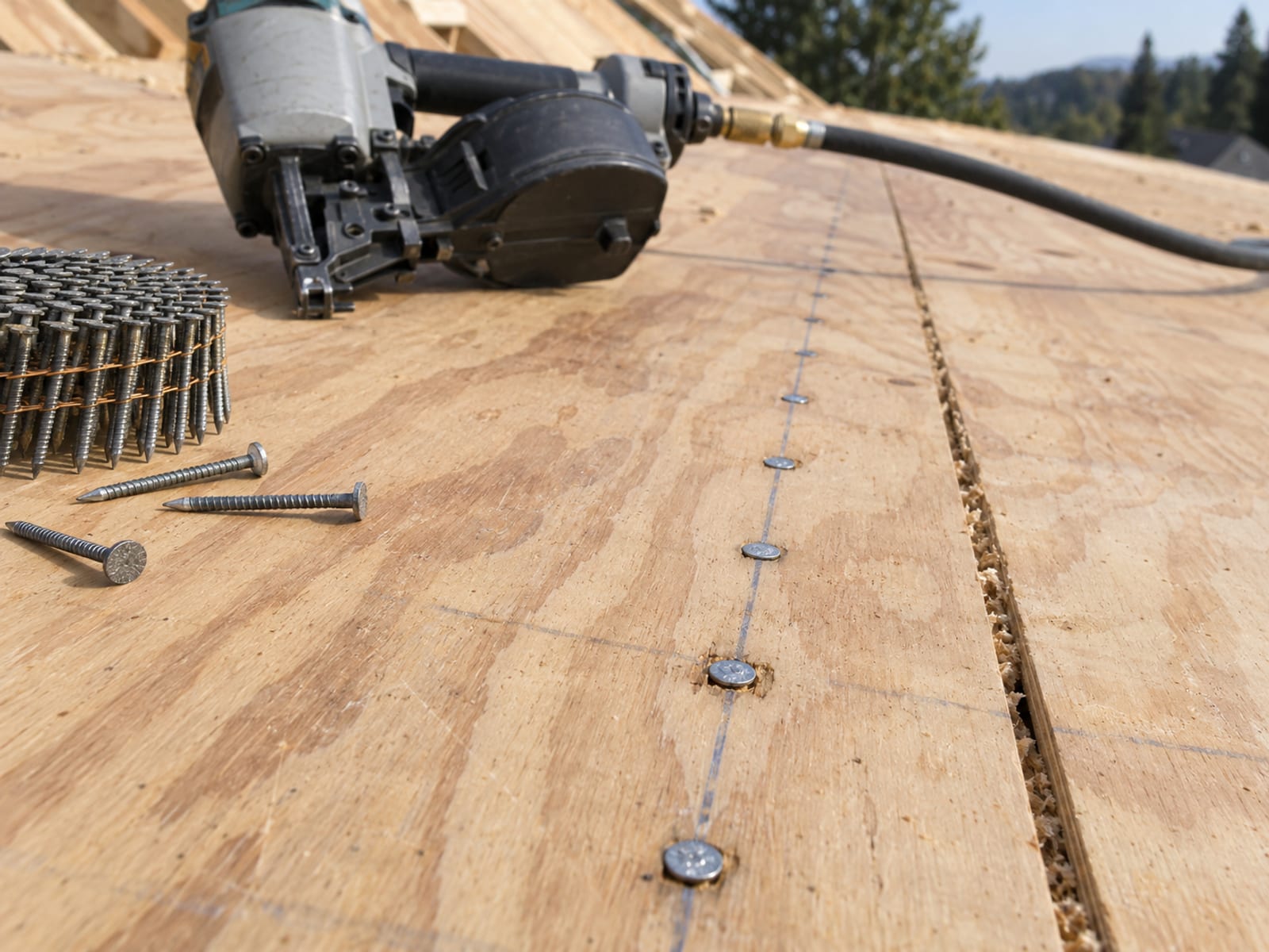 Close view of plywood roof decking fastened with tight rows of ring-shank nails along a rafter line, a plain pneumatic nail gun resting on the deck
