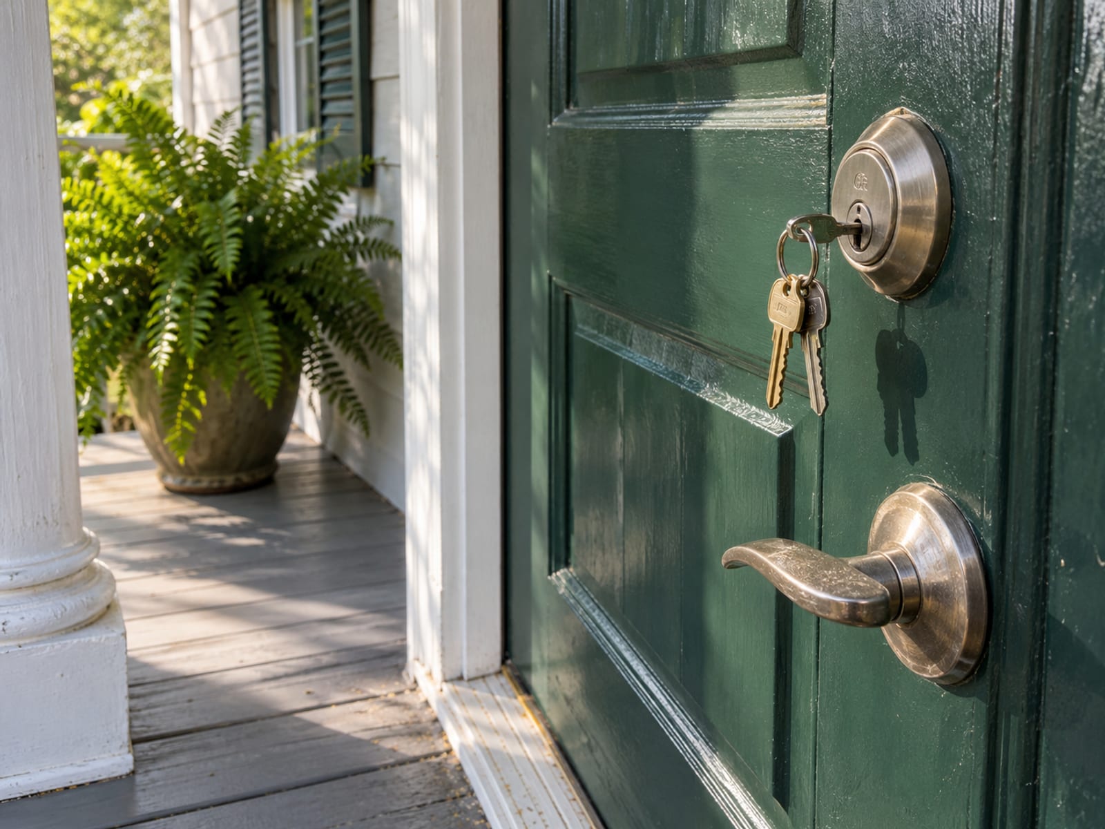 A front door with a set of house keys in the lock on a sunny porch