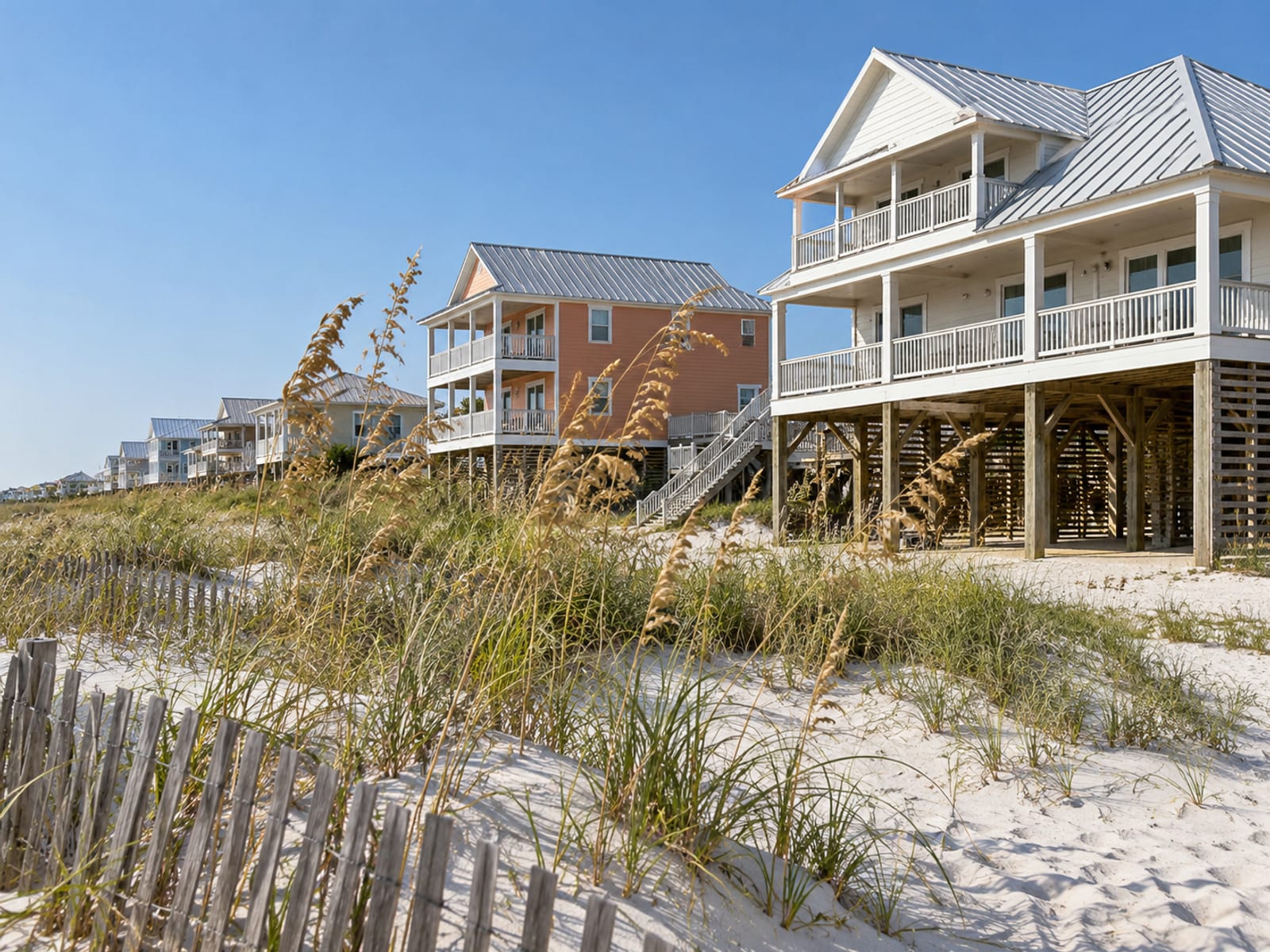 Raised beach houses on pilings behind dunes and sea oats on the Alabama Gulf coast