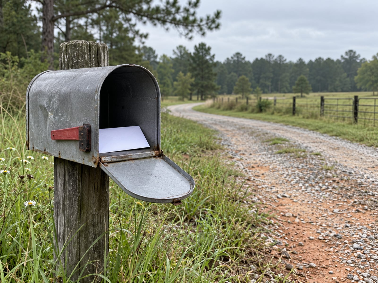 A mailbox at the end of a driveway with an envelope in it on a gray morning