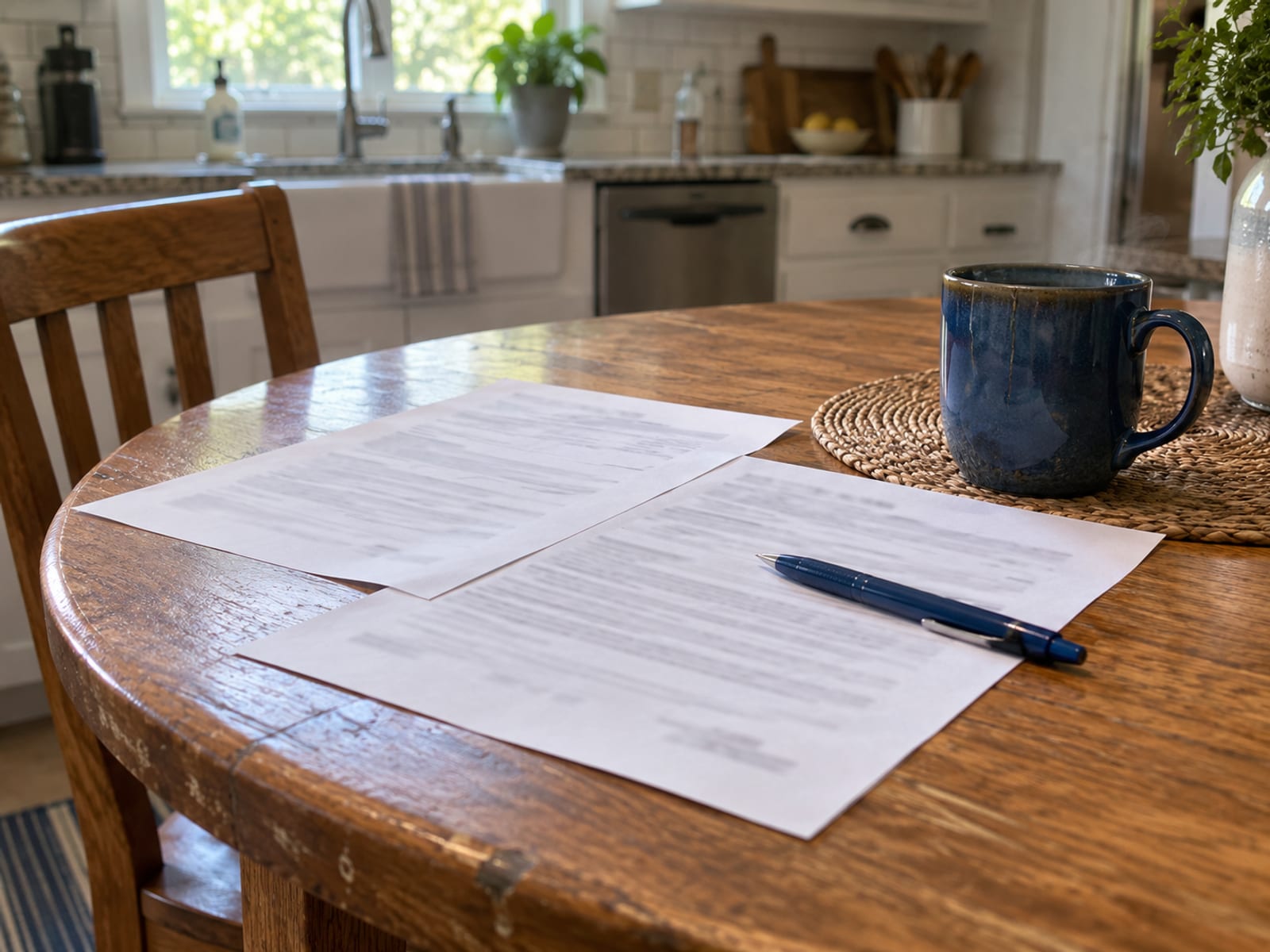 Two printed policy pages lying side by side on a kitchen table with a pen and a coffee mug, shallow focus so no text is readable