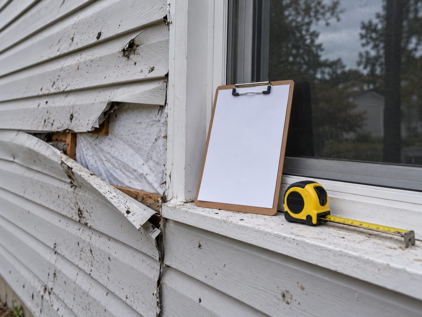 A tape measure and a clipboard resting on a window sill against storm-damaged siding