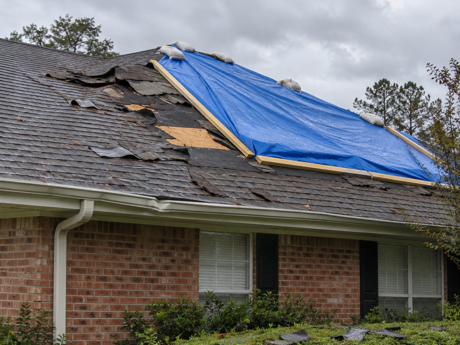 A house roof with missing shingles and a tarp tied over the damaged section