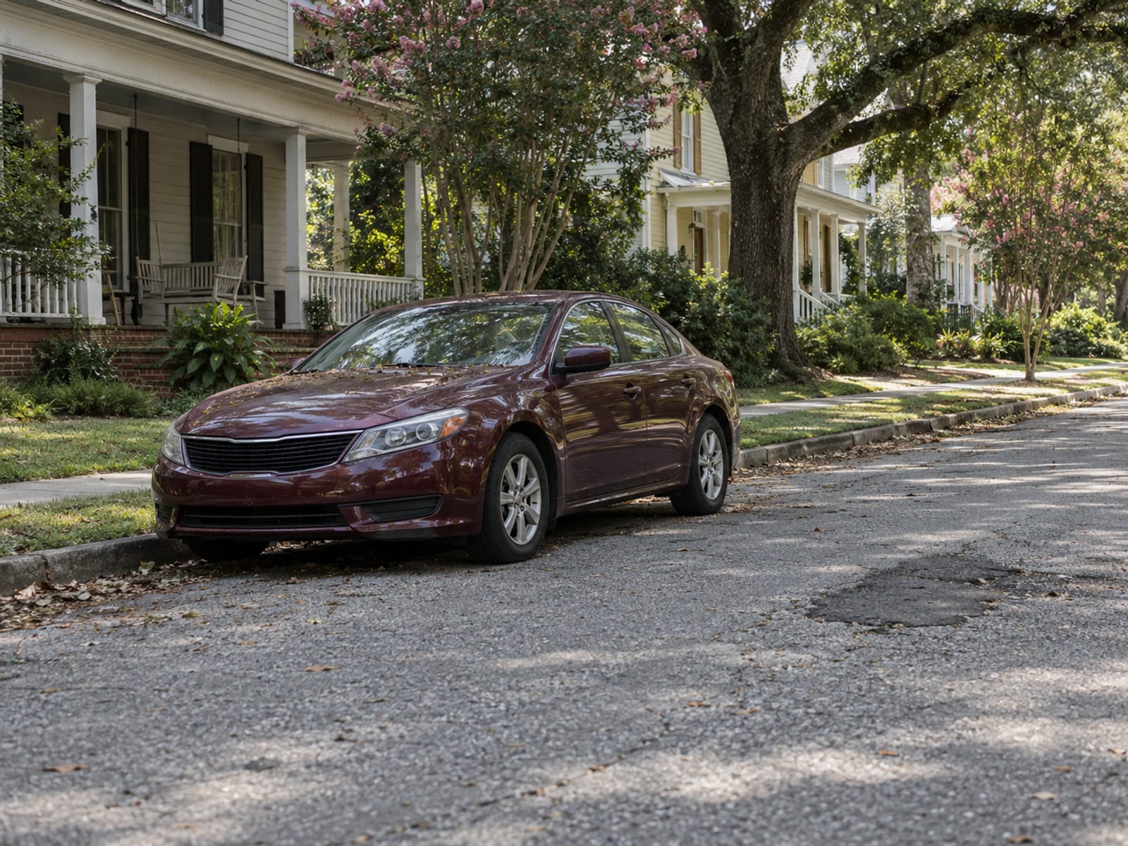 A parked car beside a curb on a quiet Alabama street, its hood closed and the street empty