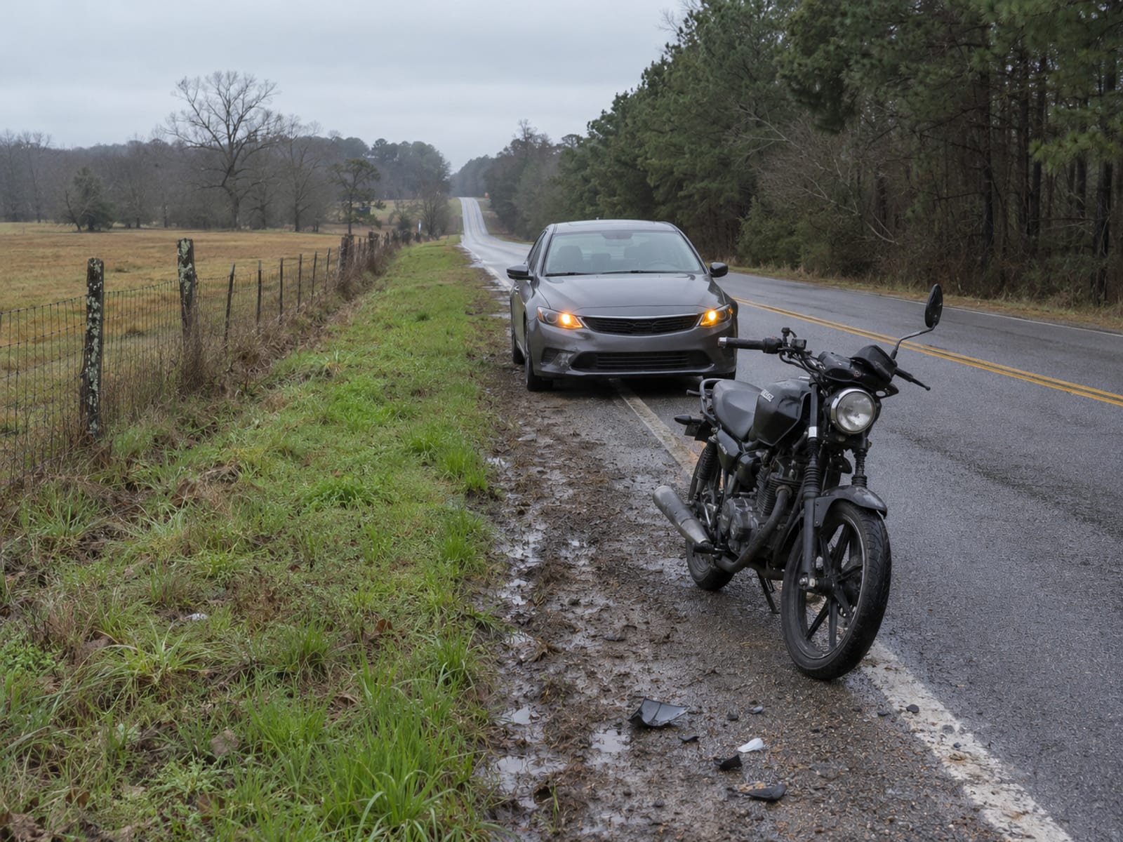Una motocicleta y un auto de pasajeros detenidos en el acotamiento de un camino de dos carriles después de un choque leve