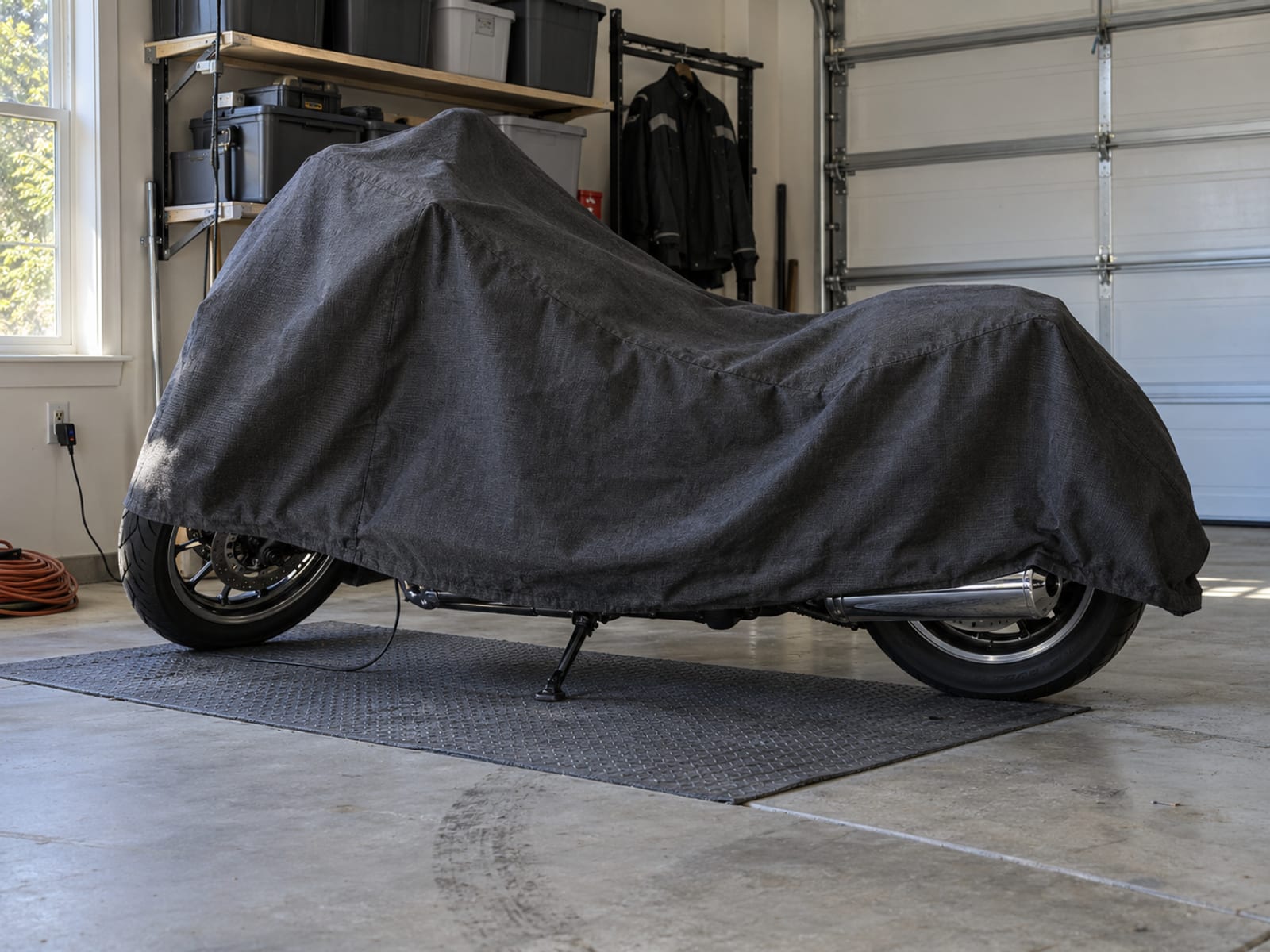 Una motocicleta bajo una funda ajustada en un garaje de casa ordenado