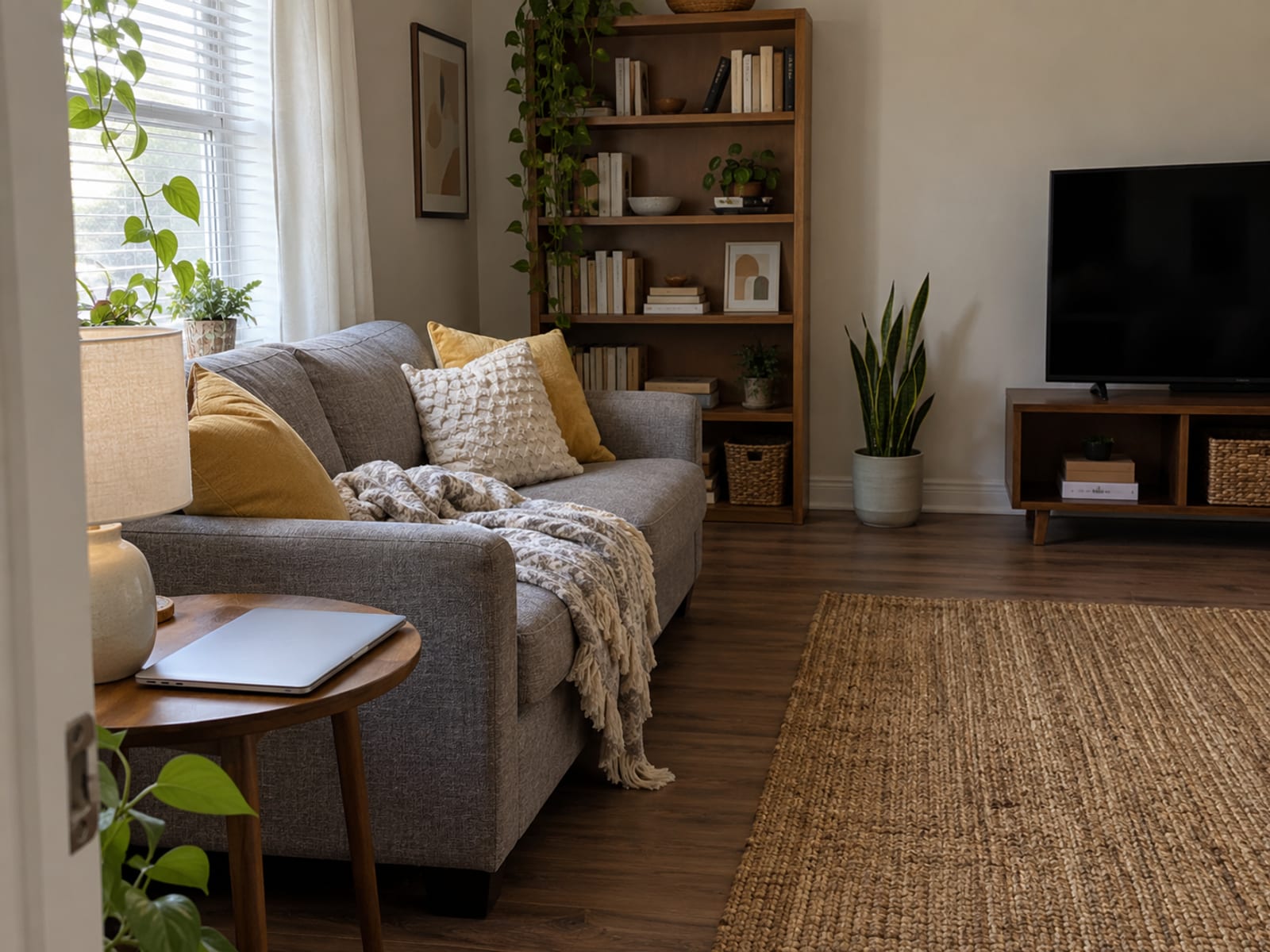 A small apartment living room with a sofa, a bookshelf and a laptop on a side table