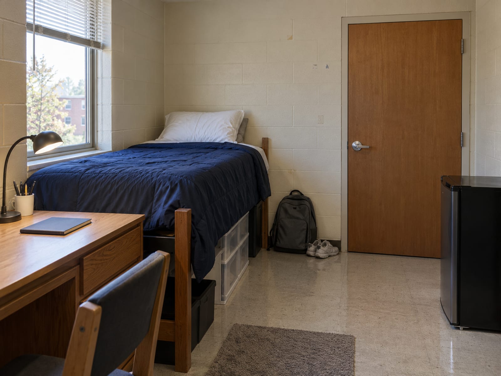 A college dorm room with a desk, a bed and a backpack by the door