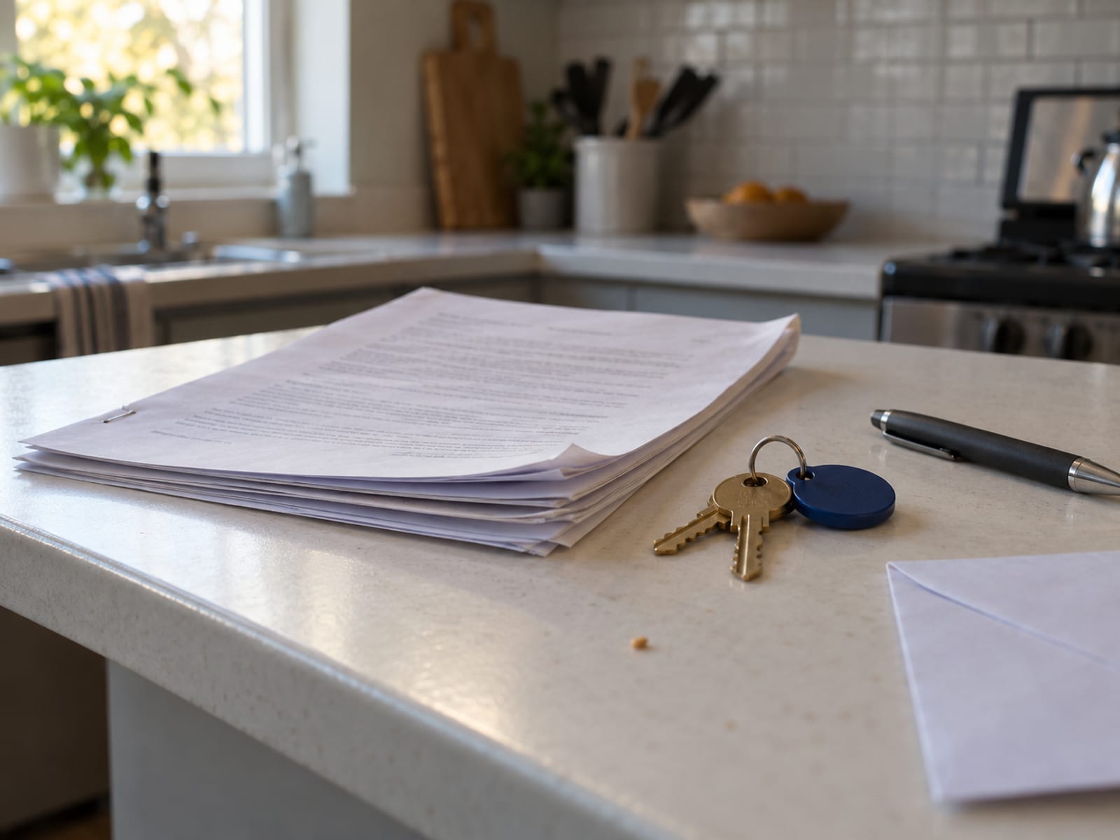 A printed lease lying open on a table beside a set of apartment keys