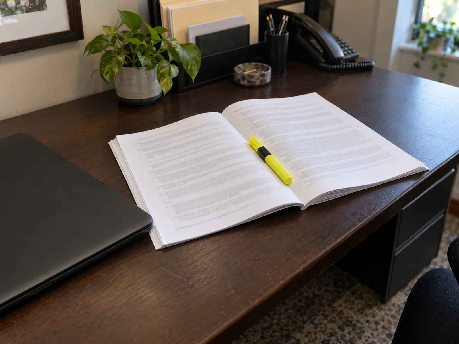 A printed lease with blurred lines of text lying open beside a laptop on an office desk