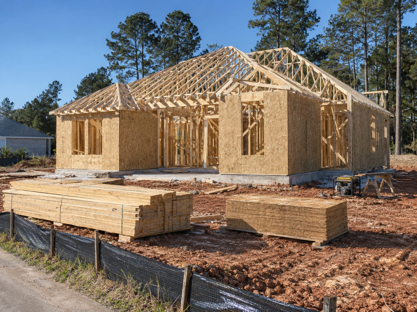 A partly framed single-family house on a cleared residential lot under a clear sky