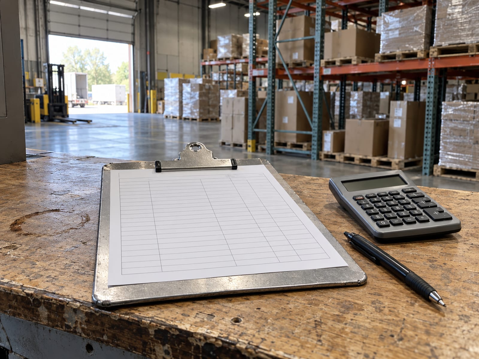 A clipboard holding a blank worksheet on a warehouse counter beside a calculator