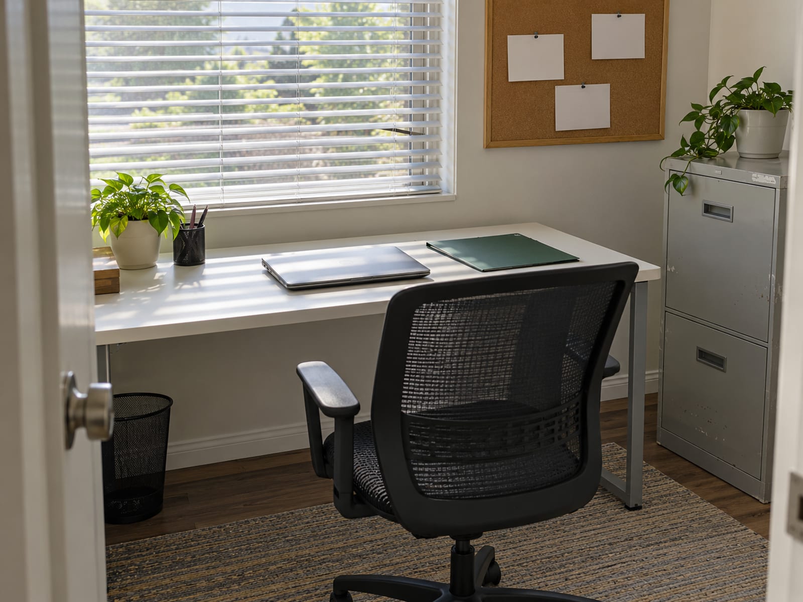 A laptop and a closed folder on a desk in a small office