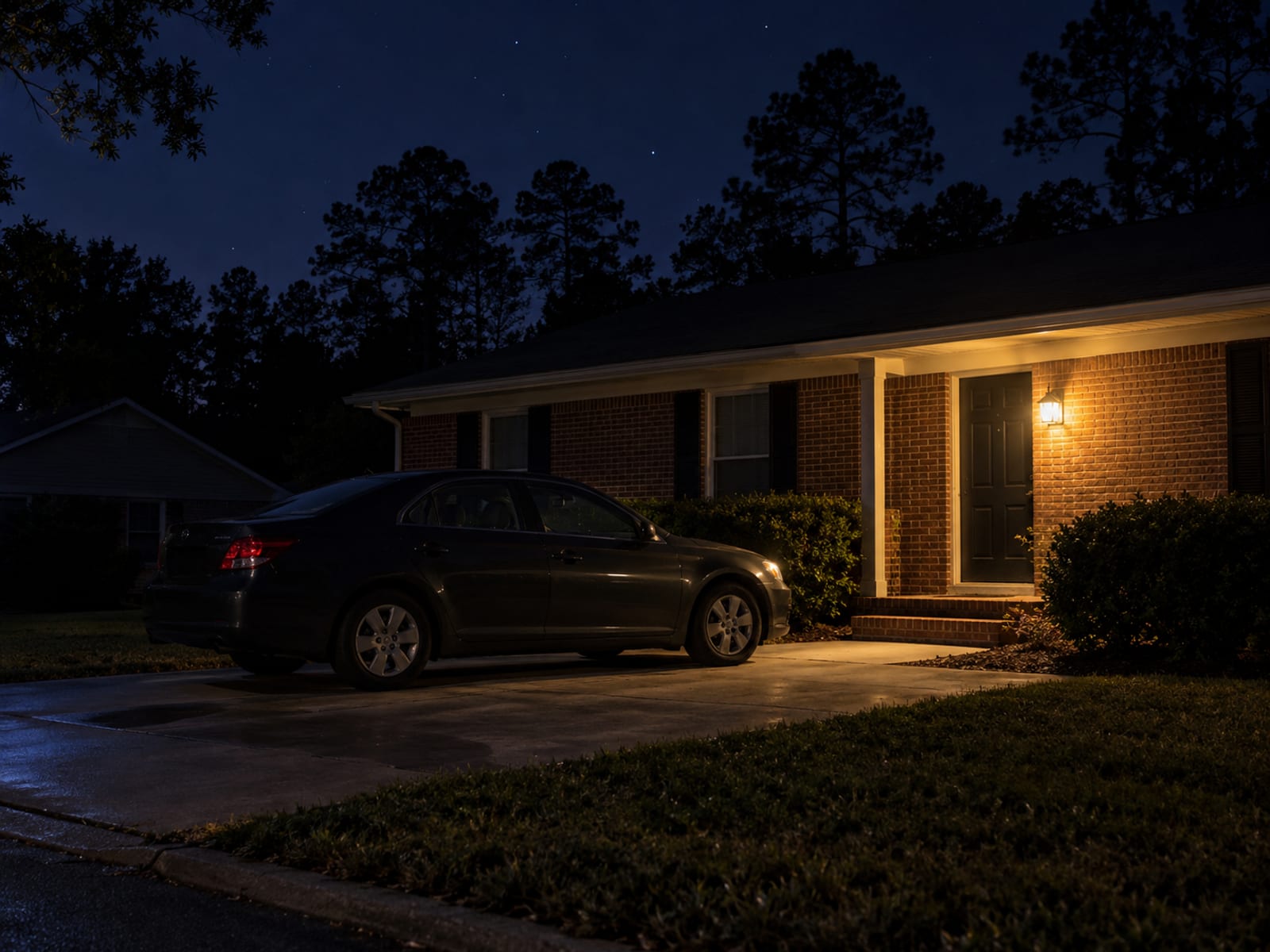 A car parked alone in a driveway at night under a porch light