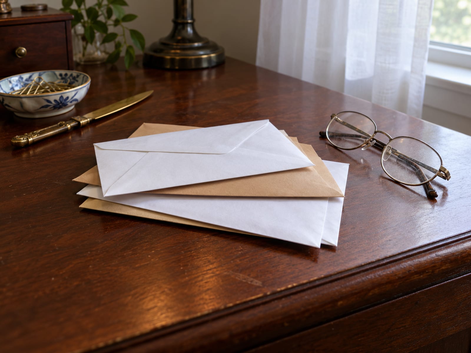 A stack of unopened envelopes on a desk beside a pair of reading glasses
