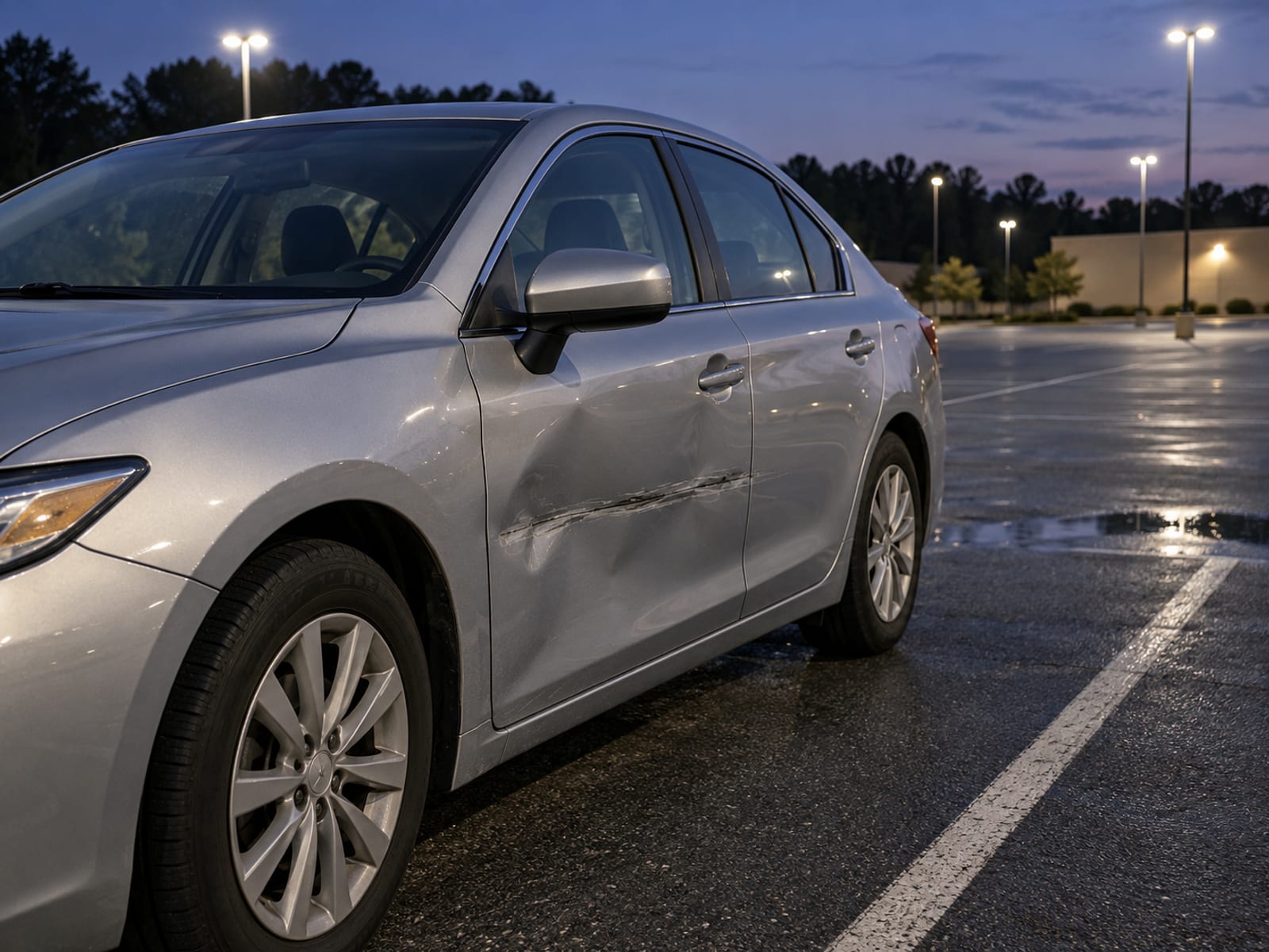 A dented car door on a vehicle parked in an empty parking lot at dusk