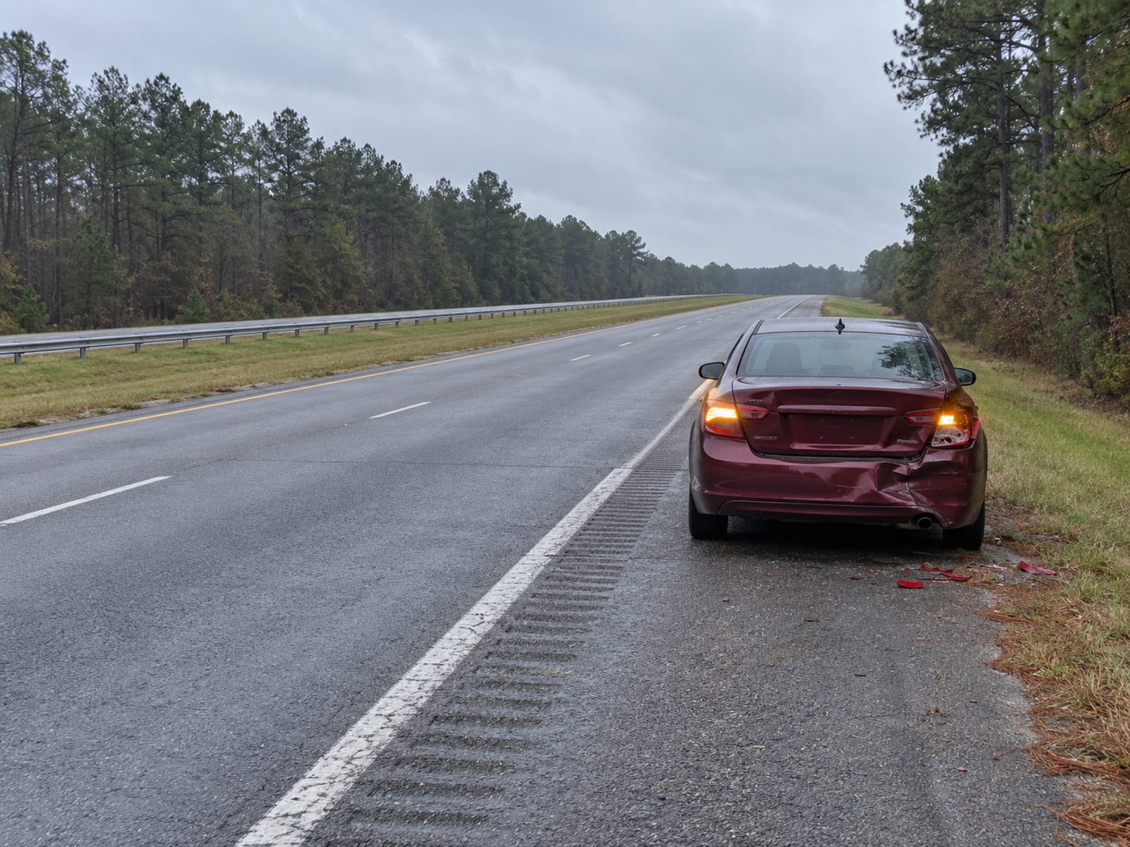 A car with a crumpled rear bumper stopped on a highway shoulder