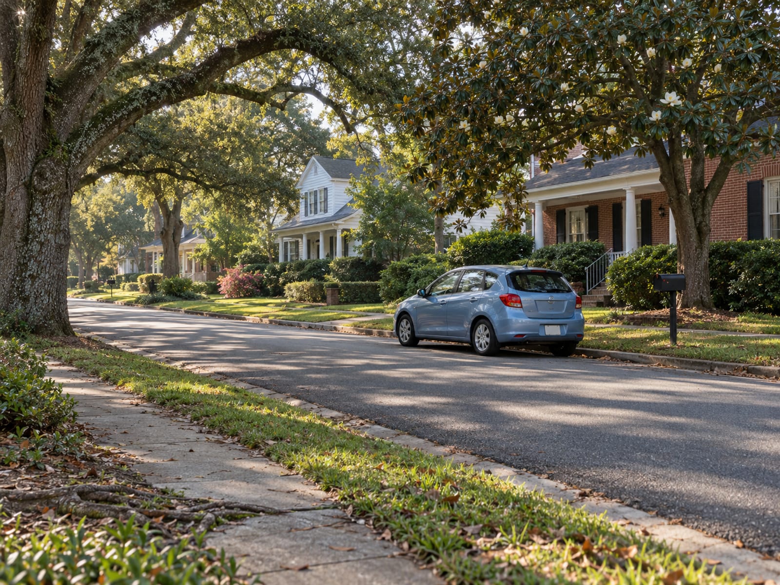 A car parked on a quiet tree-lined residential street in the morning