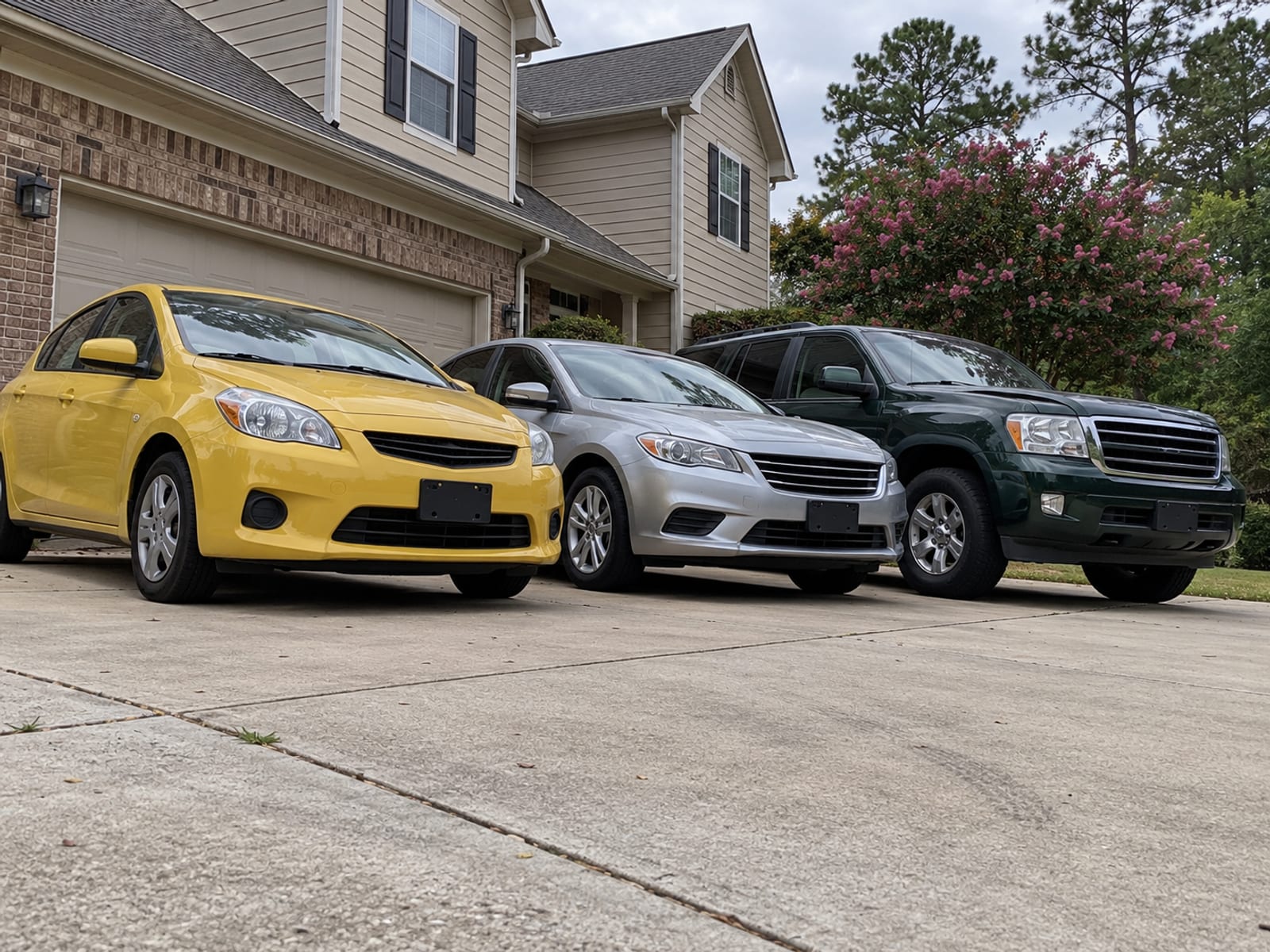 Three different cars parked in a row in a home driveway