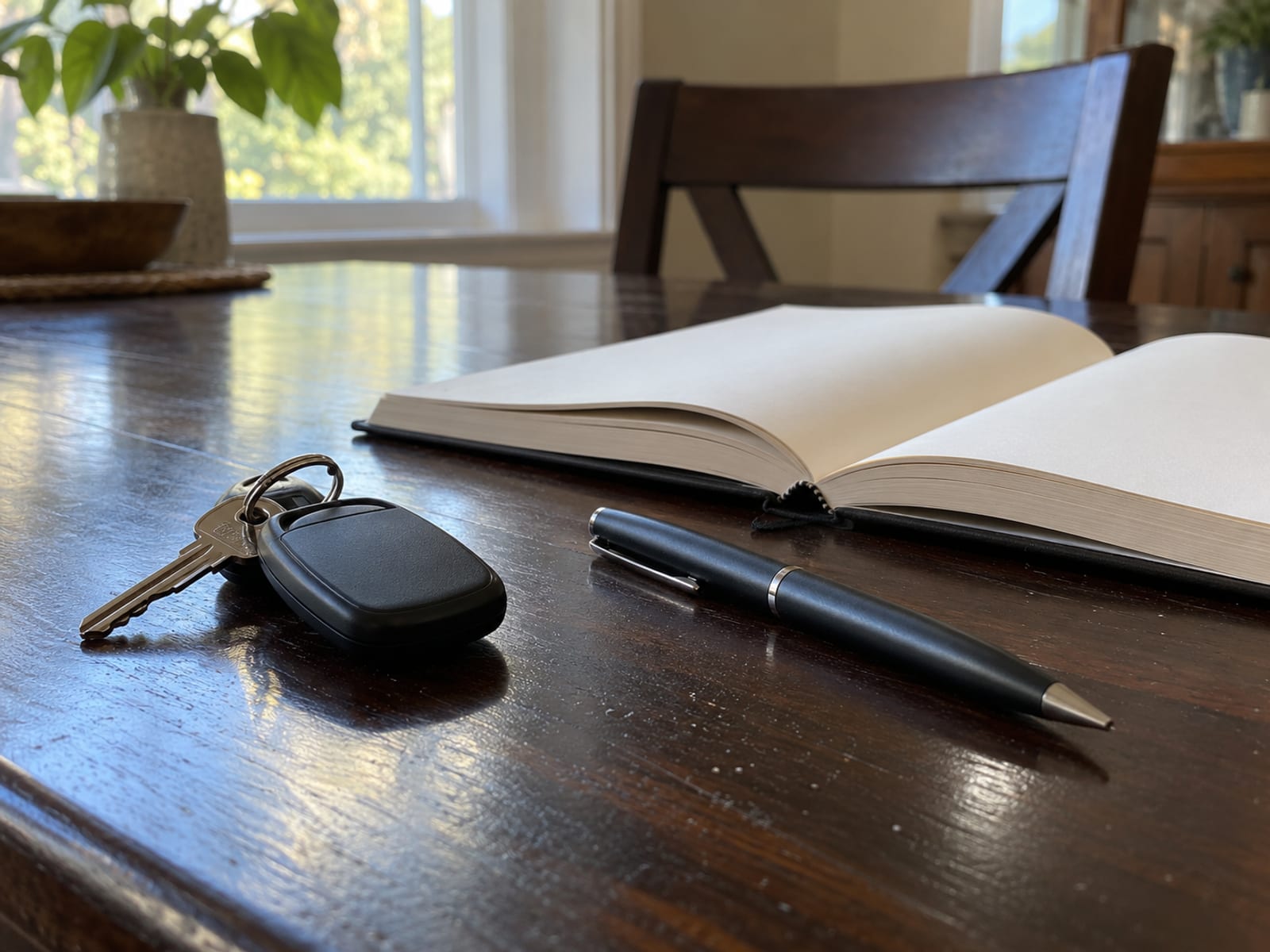 Unas llaves de carro, un bolígrafo y una libreta en blanco sobre una mesa en un cuarto iluminado