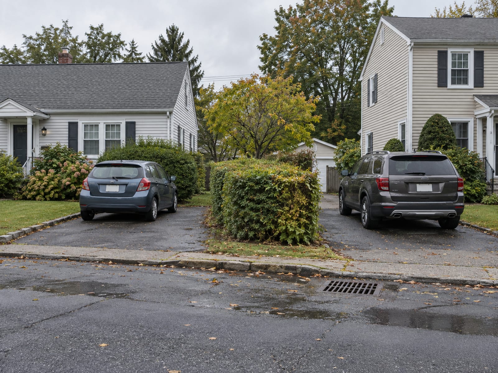 Dos carros distintos estacionados en entradas separadas a lo largo de una calle tranquila de los suburbios