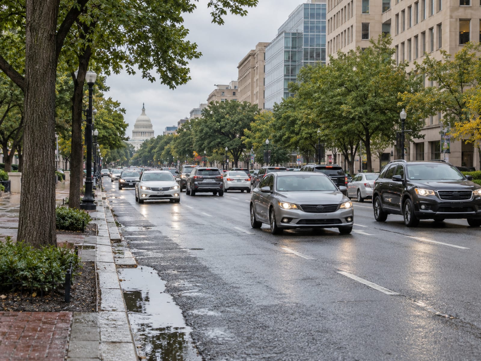 Cars moving along a busy city avenue lined with trees and office buildings
