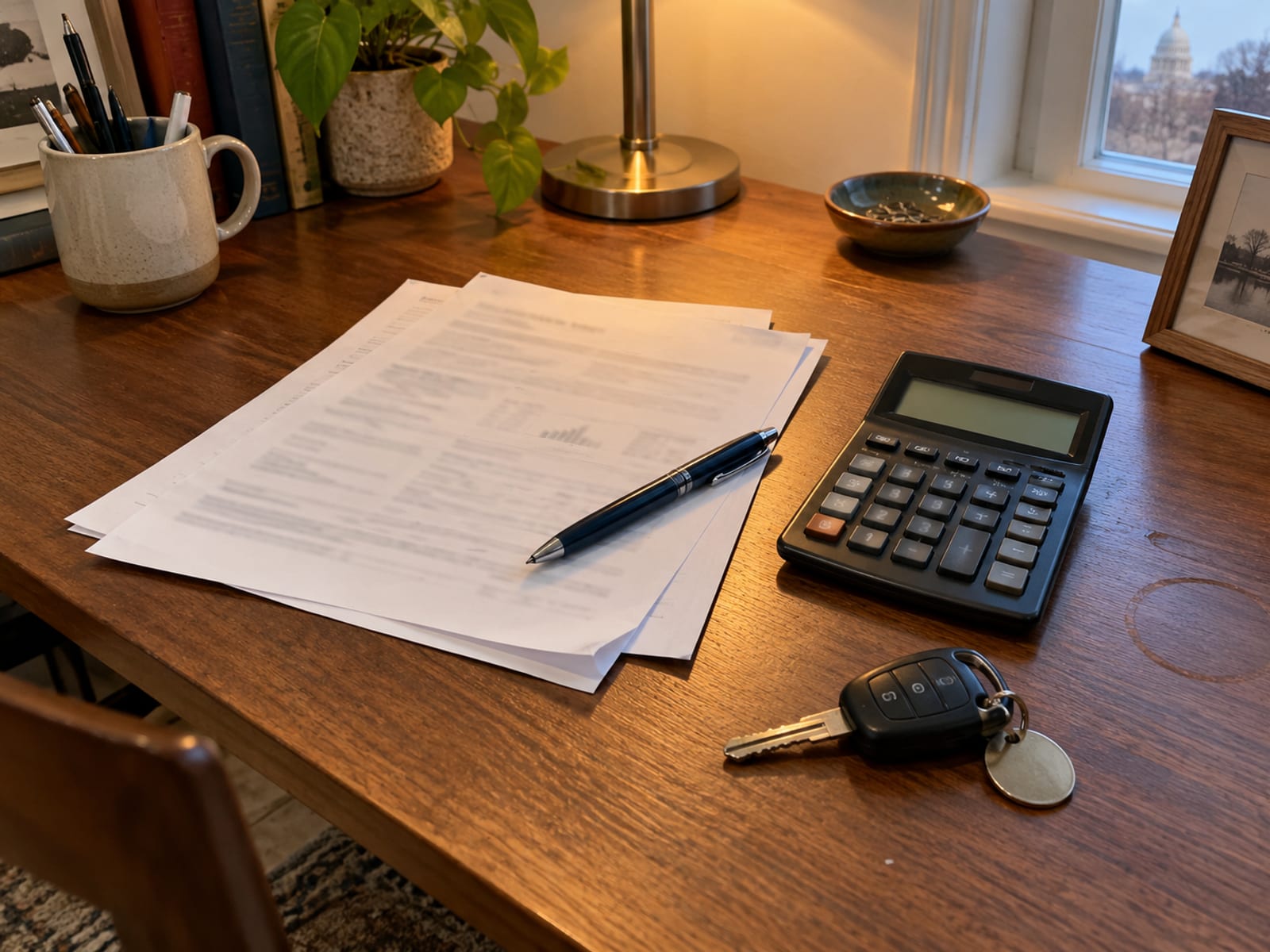 A desk with printed quote pages, a pen and a calculator beside a set of car keys