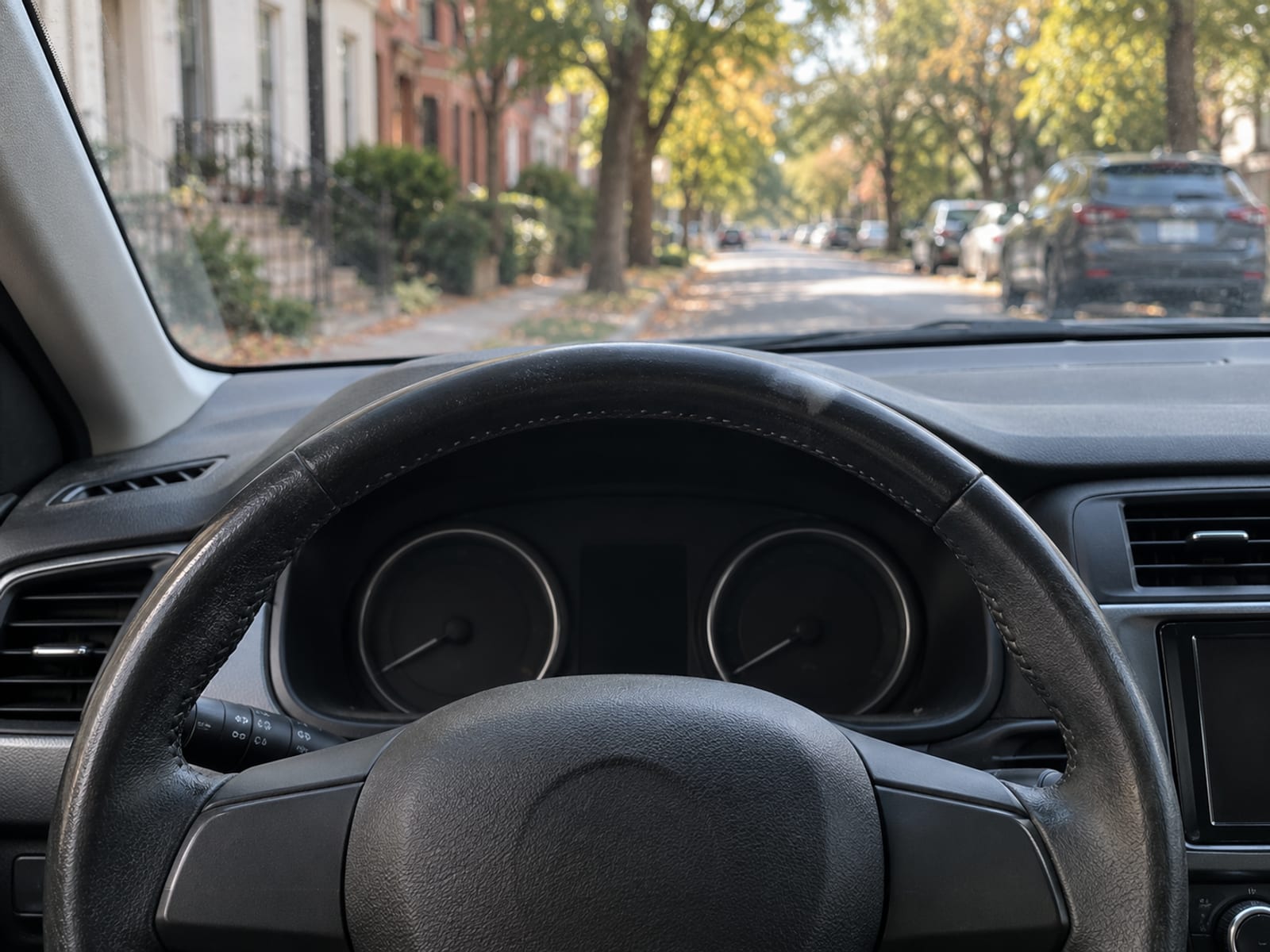 An empty steering wheel and dashboard seen from the driver seat
