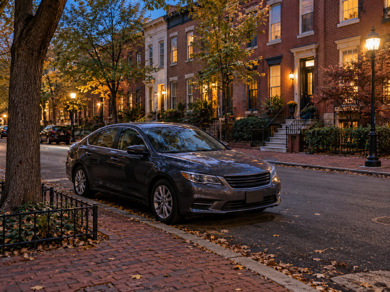 A sedan parked on a quiet residential street at dusk